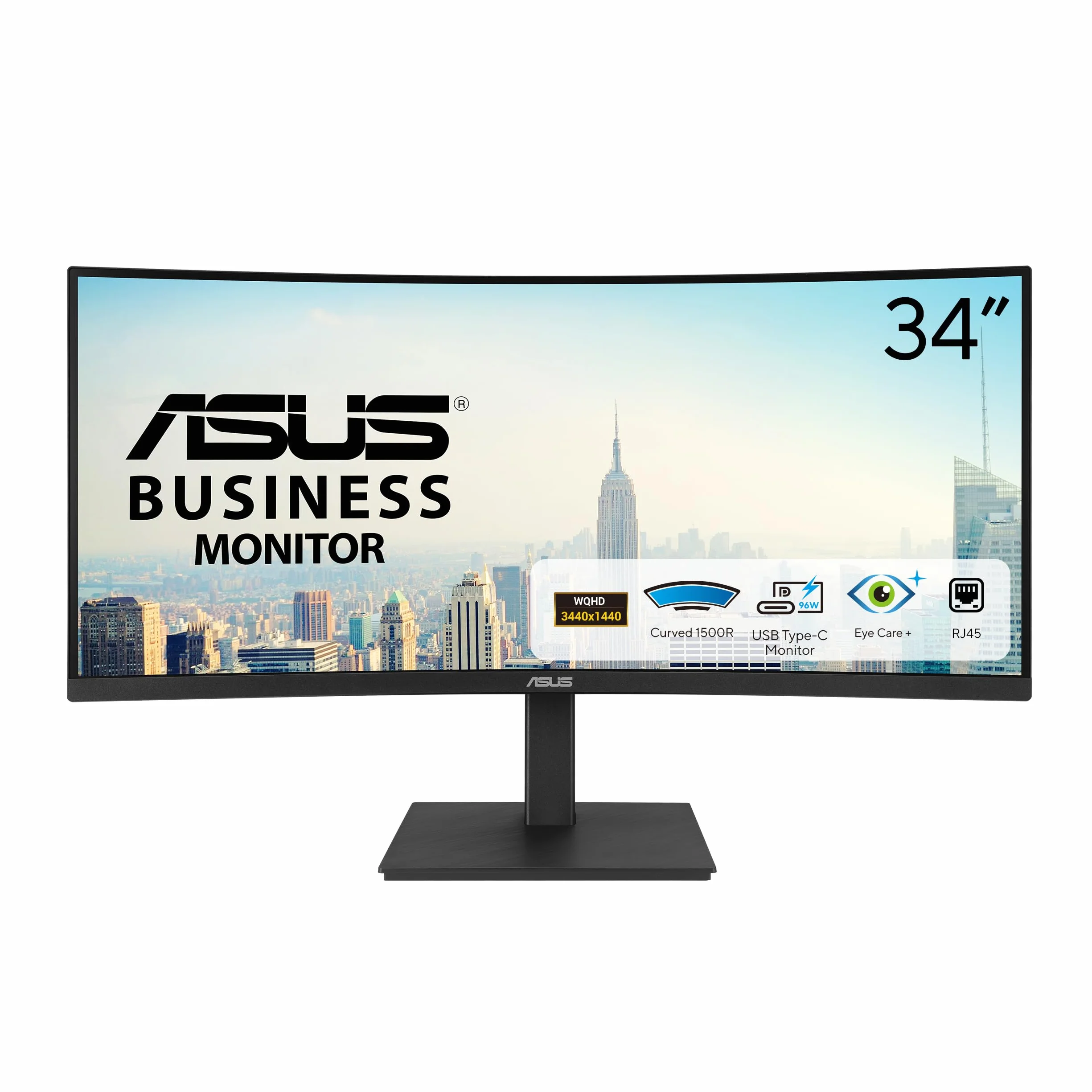 ASUS Business VA34VCPSR 34-calowy zakrzywiony monitor, szeroki QHD (3440 x 1440), HDMI, DisplayPort, Hub USB, port RJ45 LAN, ergonomiczna konstrukcja, wolne od migotania, niebieski, czarny