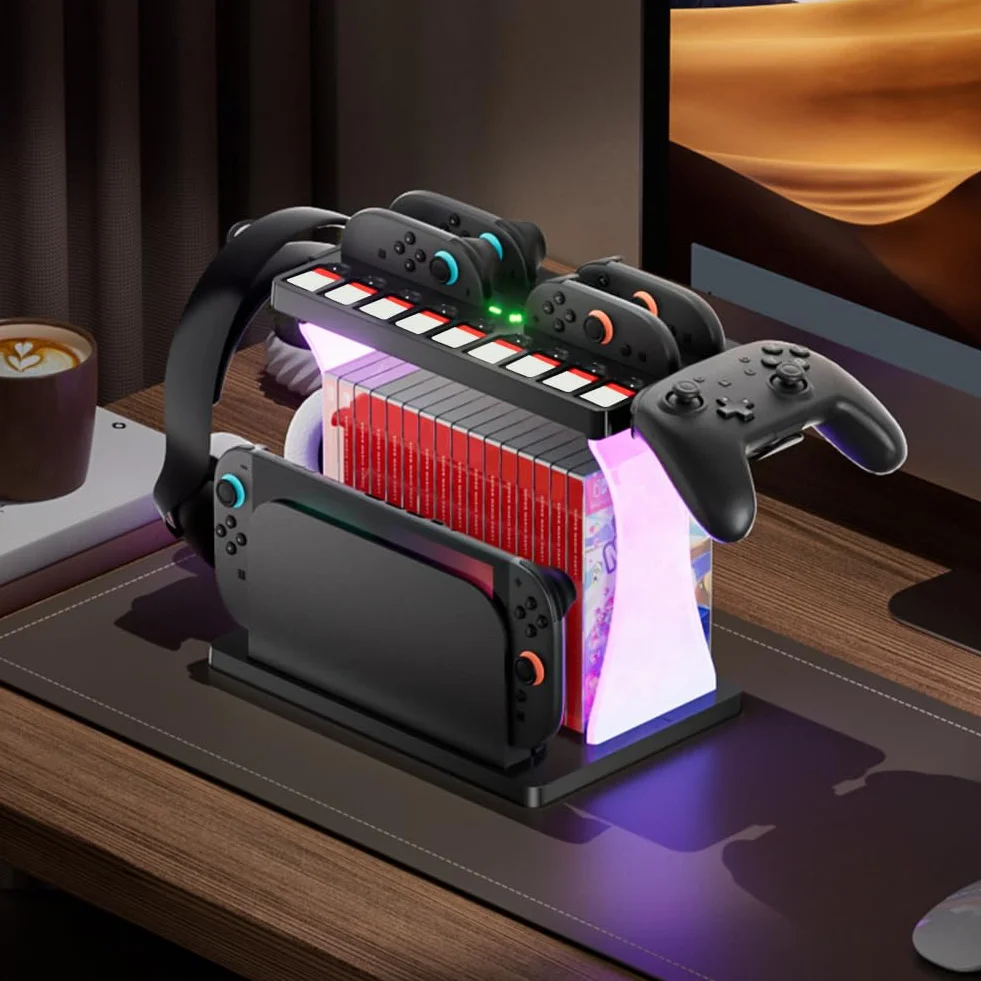 Stojak do przechowywania gier Switch2 ze stacją ładującą RGB Organizer dysków i kontrolerów