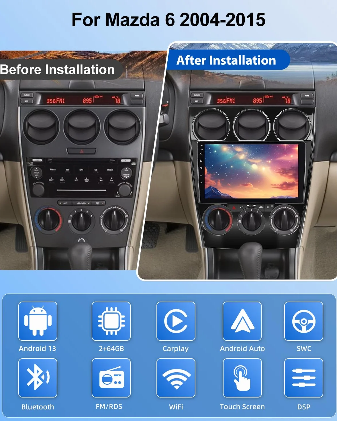 NHOPEEW 2+64G 9-calowe radio z Androidem do Mazdy 6 2002-2015 - bezprzewodowe CarPlay i Android Auto nawigacja GPS, sterowanie kierownicą, FM RDS, dzielony ekran + kamera cofania