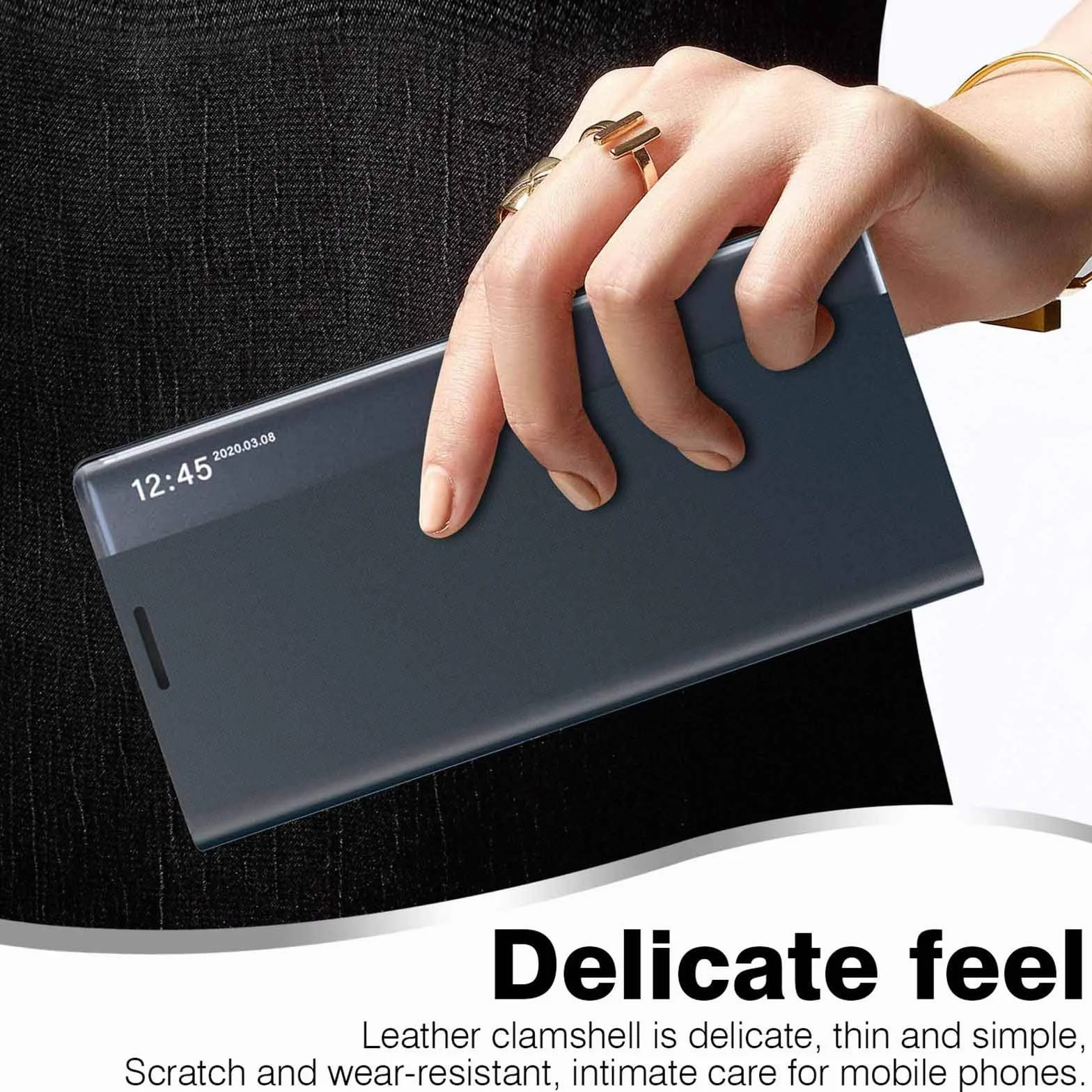 Etui LEYAN do Samsung Galaxy S21 5G, Premium skórzane etui z klapką z przezroczystym okienkiem, etui z klapką Smart View ze składanym uchwytem, granatowe