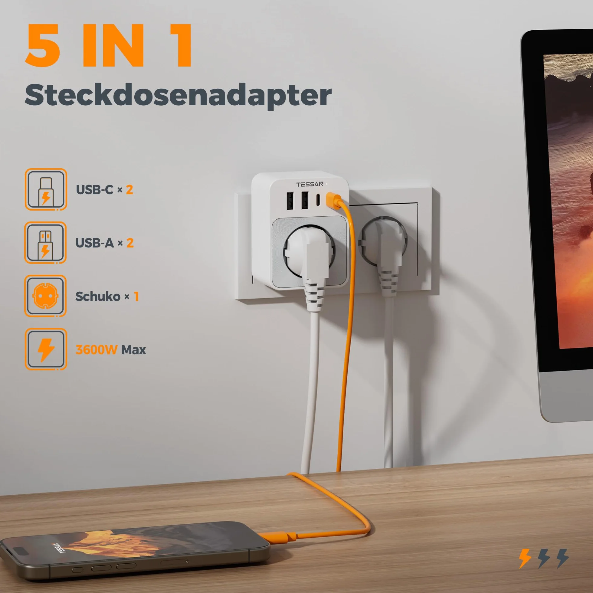 TESSAN Adapter USB C 15W płaskie gniazdo 3600W wielokrotna wtyczka gniazdko ścienne szary
