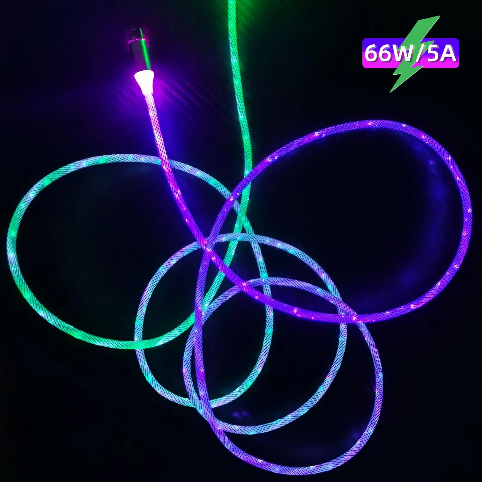 2 m kabel do szybkiego ładowania typu C, podświetlany przewód ładowarki LED, 66 W, 5 A, QC3.0, widoczna zmiana kolorów RGB, USB A na USB C, przewód do synchronizacji danych do Samsung Galaxy