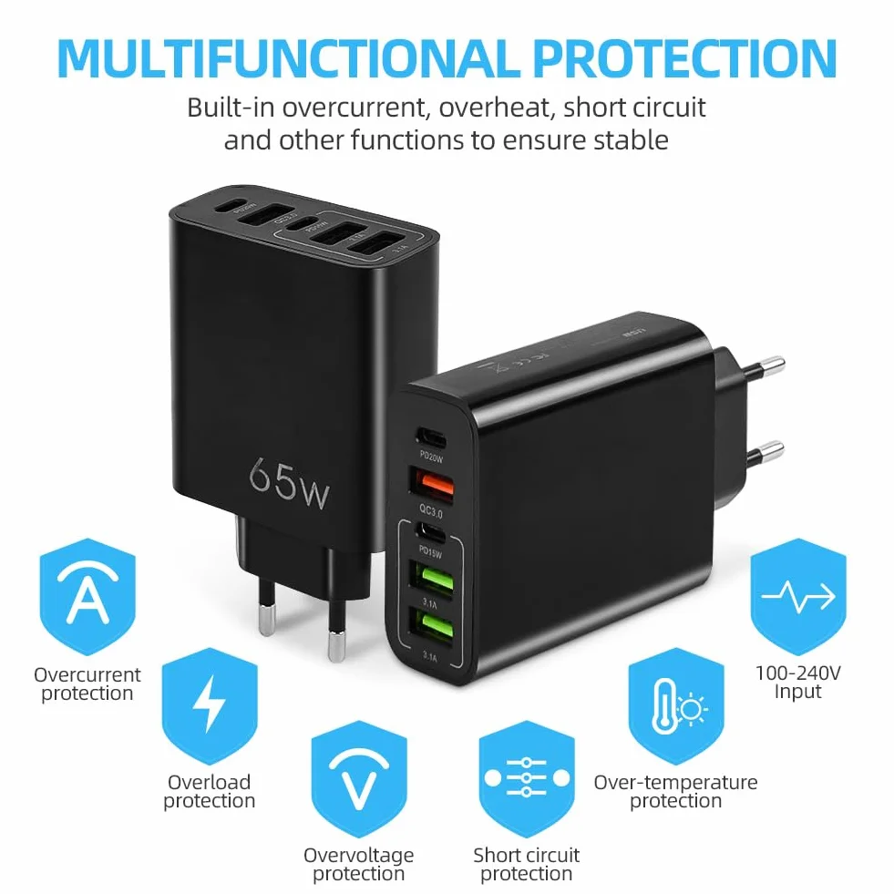 AXFEE szybka ładowarka USB C 65 W 5-portowa 2 USB C 2 USB QC 3.0 czarny