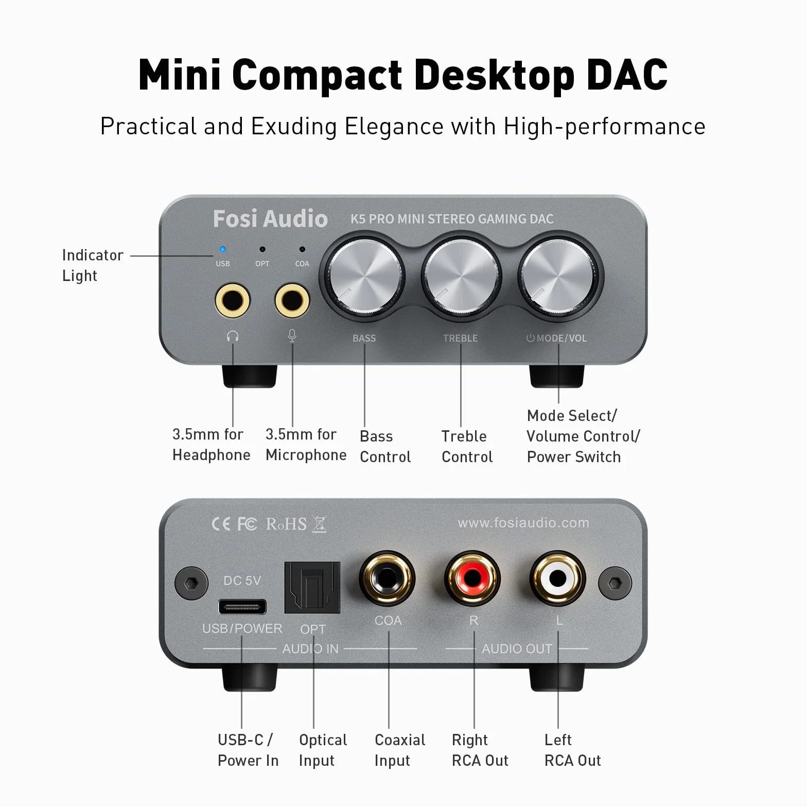 Fosi Audio K5 Pro Gaming DAC Wzmacniacz słuchawkowy Mini Hi-Fi Stereo Cyfrowo-analogowy konwerter audio USB typu C/koncentryczny na RCA/optyczny/3,5 mm AUX na PS5/PC/MAC/komputer