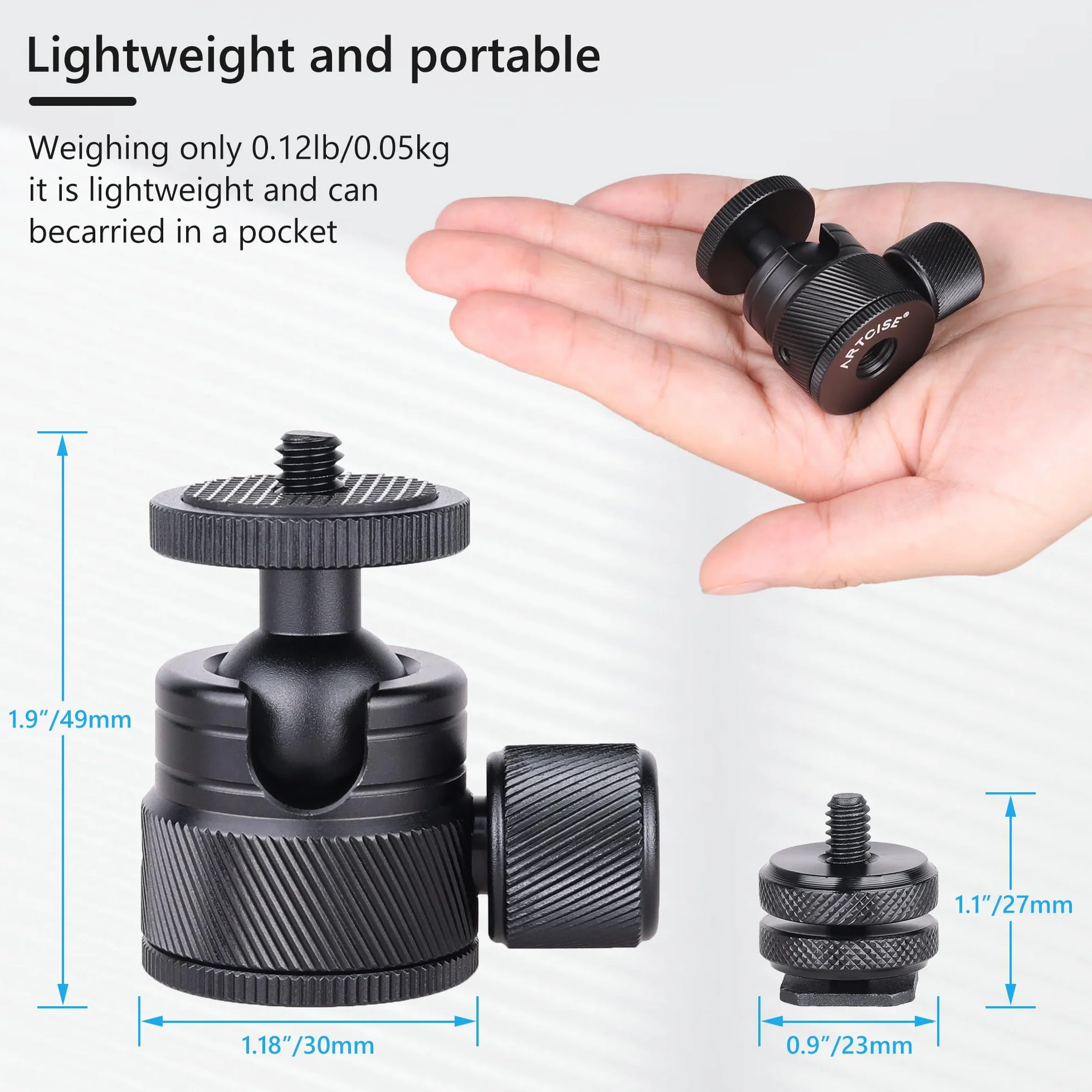 ARTCISE Mini głowica kulowa statywu do obróbki CNC – przenośna głowica obrotowa ze stopu aluminium 360 do telefonu i aparatu świetlnego, maksymalne obciążenie 3 kg
