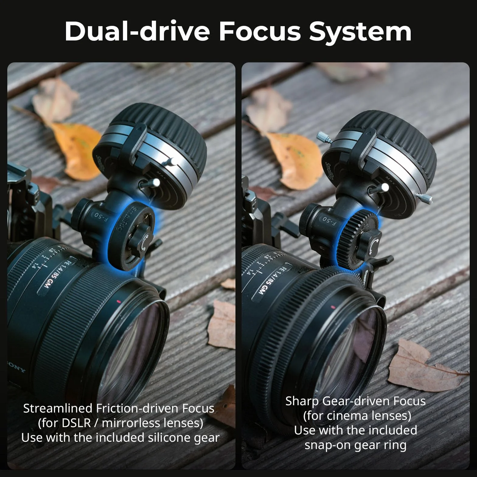 SMALLRIG Follow Focus F50 z bezstopniową regulacją dźwigni tłumienia dynamicznego i ogranicznikami A/B, w tym 15 mm pręt i zacisk pręta, do lustrzanek cyfrowych- 4745