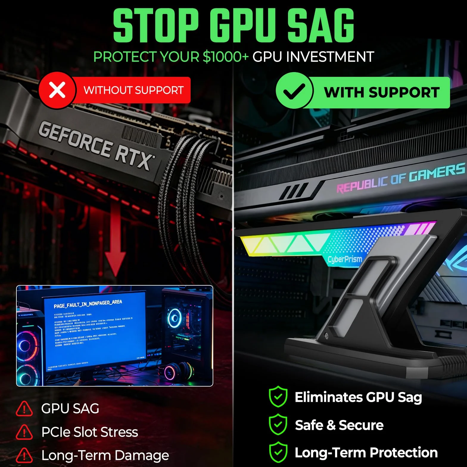 ARGB Wspornik GPU, 75-125mm Uchwyt Karty Graficznej | Anti-sag dla GPU triple-slot, aluminiowa kolumna, magnetyczna podstawa, ARGB 5V 3-pin, kompatybilny z RTX 4090/5090