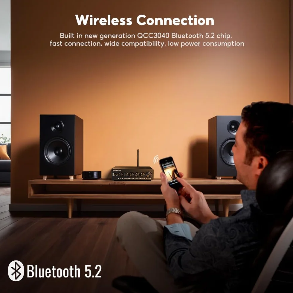 AIYIMA B07 Wzmacniacz Bluetooth 5.2 TPA3255 2.1-kanałowy subwoofer, 300 W x 2 + 300 W, do domu, na biurko, regał na książki, subwoofer z zasilaniem pomocniczym i regulacją wysokości basów