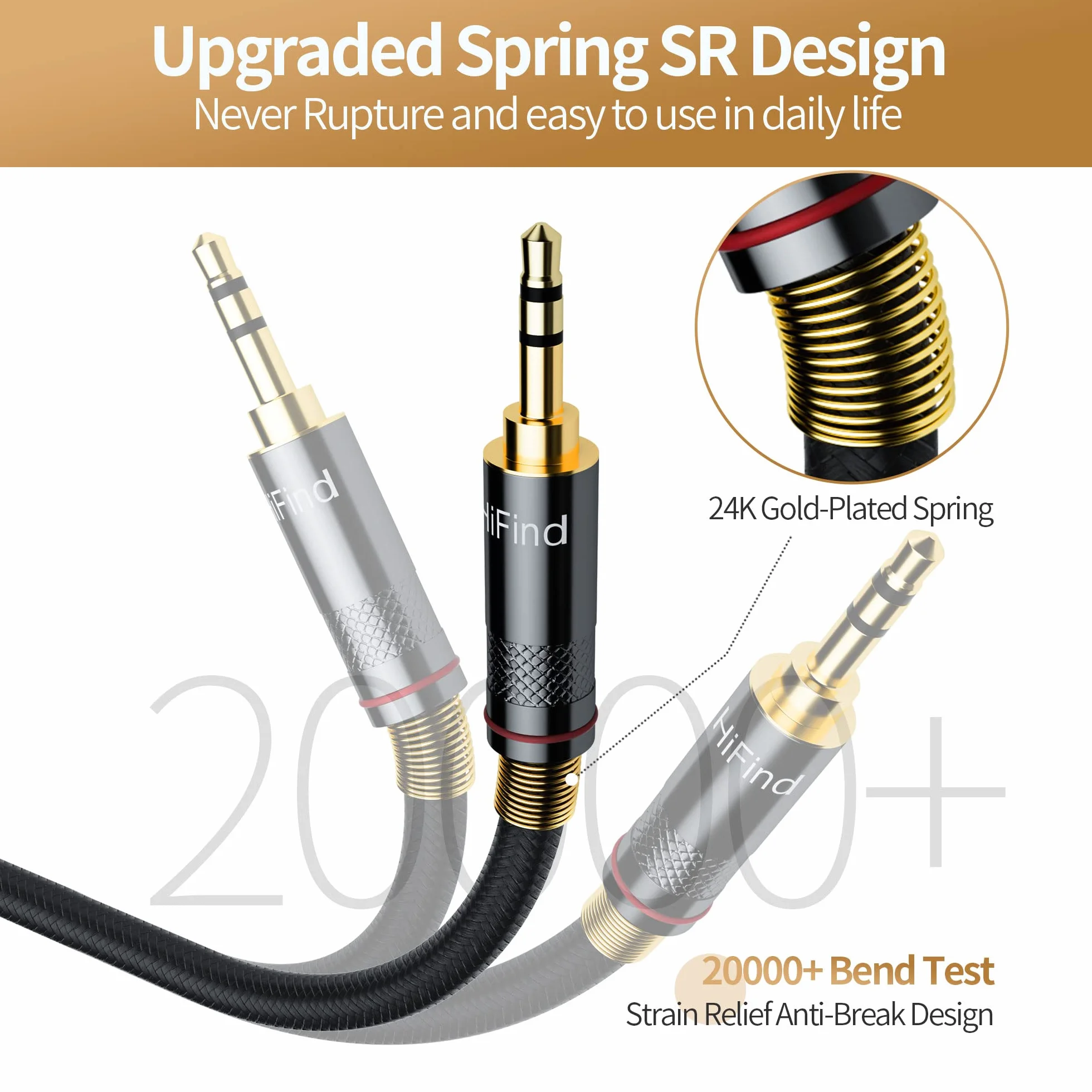 HiFind Kabel AUX 3,5 mm (prawdziwy dźwięk Hi-Fi, posrebrzany, miedziany, sprężynowy, ekranowany SR), pomocniczy kabel audio stereo, pleciony przewód AUX 3,5 mm do słuchawek, samochodu, domowego stereo
