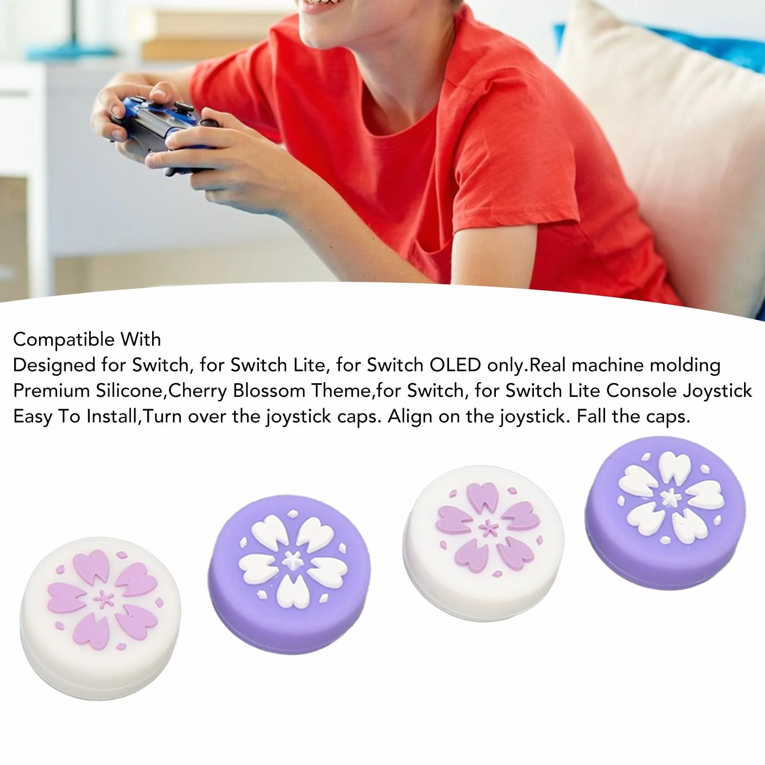 4 szt. Nakładki na Kciuki do Przełącznika do Joysticka Konsoli Switch Lite, śliczny Kwiat Wiśni z Miękkiego Silikonu, Antypoślizgowa Nakładka na Przycisk Joysticka, Uchwyty na