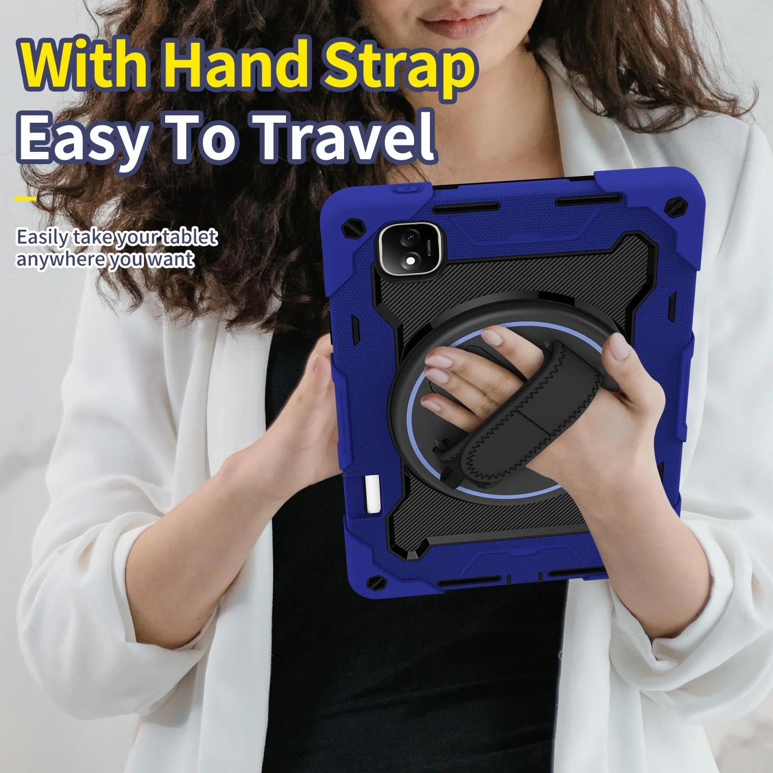 Odporne na wstrząsy etui do Honor Pad GT Pro 31.2 cm / MagicPad 2 31.2 cm, etui dla dzieci, etui z TPU, podpórka, wytrzymały pokrowiec ochronny z paskiem na rękę (ciemnoniebieski)