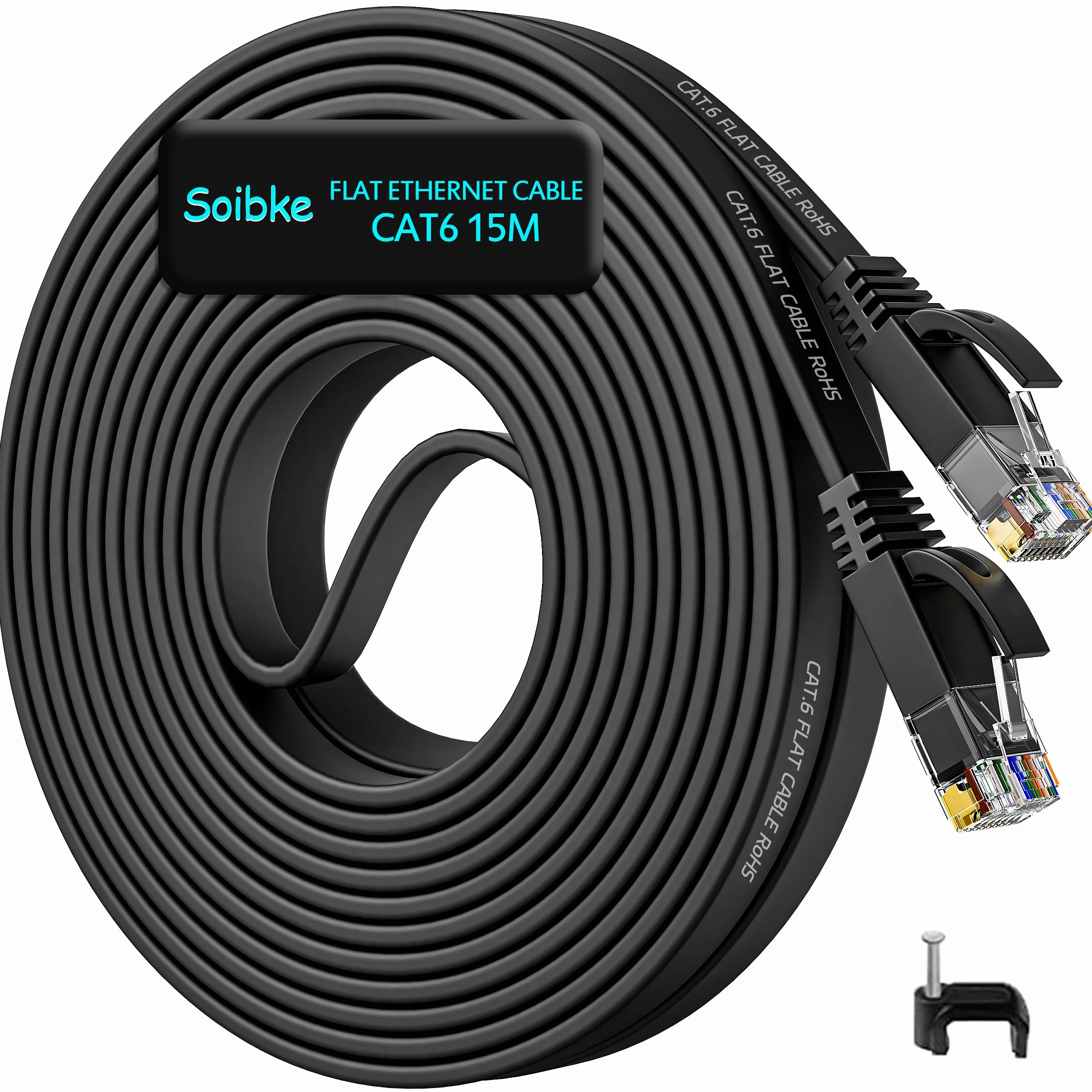 Kabel Ethernet 15m, Cat 6 Kabel Internetowy 15 Metry Płaski O Wysokiej Prędkości 1 Gb/s, Ekranowany Rj45 Gigabit Kabel Lan Czarny Kabel Krosowy Z 15 Klipsami Do Modemu, Routera (15M)