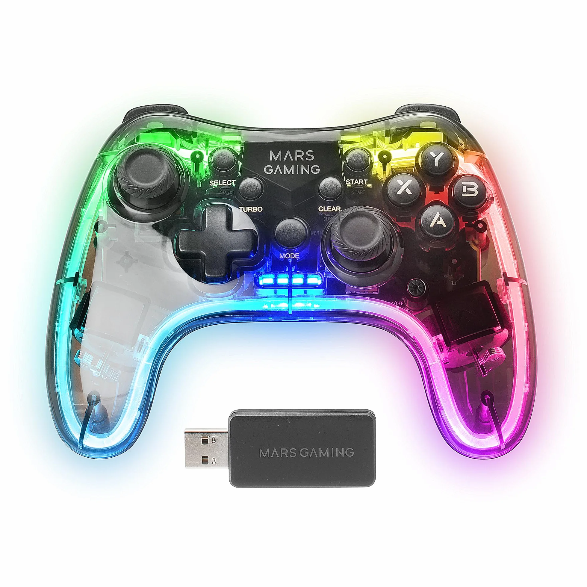 Mars Gaming MGP-24, Bezprzewodowy Gamepad 2.4GPRO, Neon RGB, Dual Wibracje Haptyczne, Joysticki Analogowe, Kontroler do PC, PS3, PS4, X360, Raspberry Pi, Mac, Android