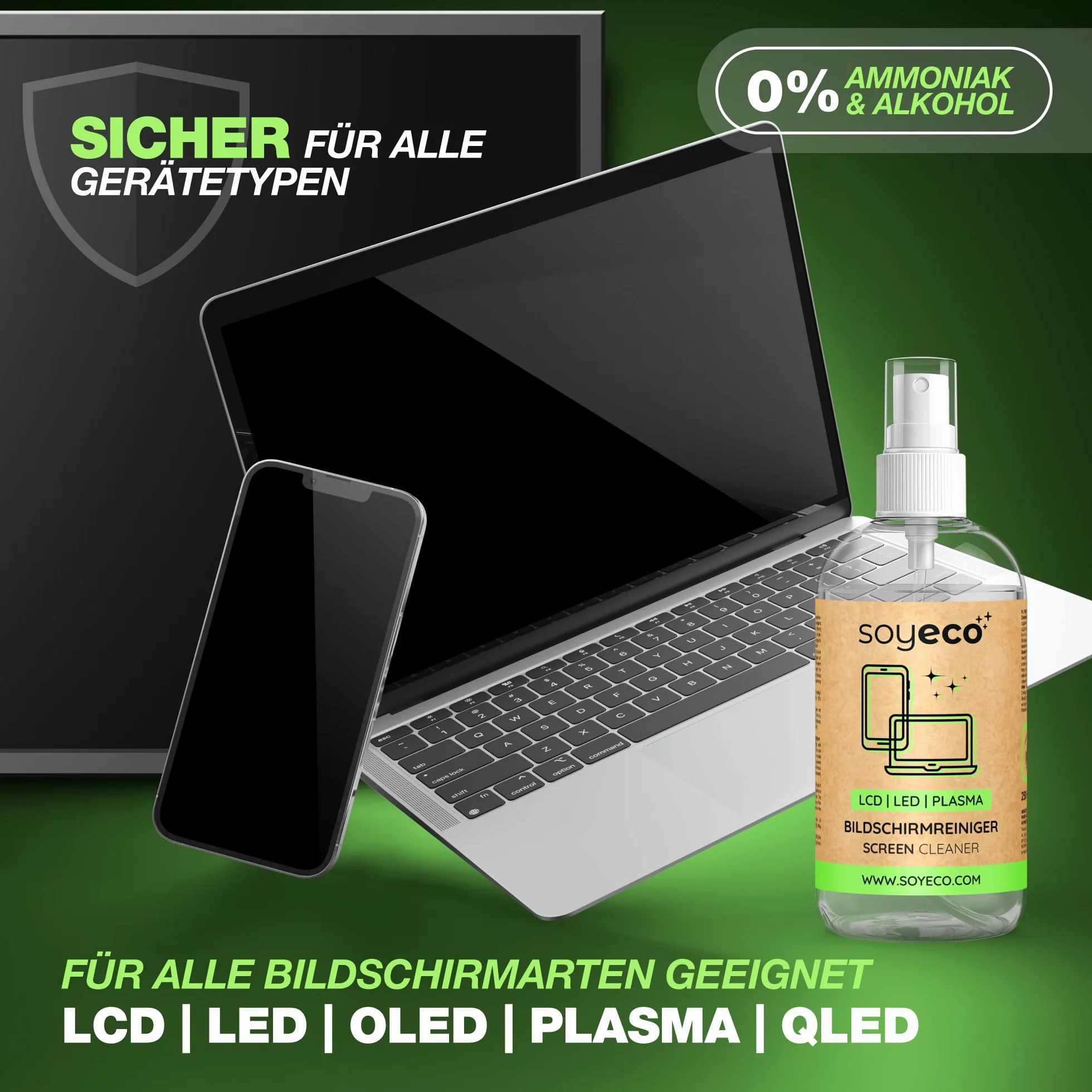 Zestaw czyszcz¹cy SOYECO ECO - p³yn do czyszczenia ekranu 250 ml + 2 œciereczki z mikrofibry + szczoteczka do klawiatury - do kompleksowej pielêgnacji urz¹dzeñ