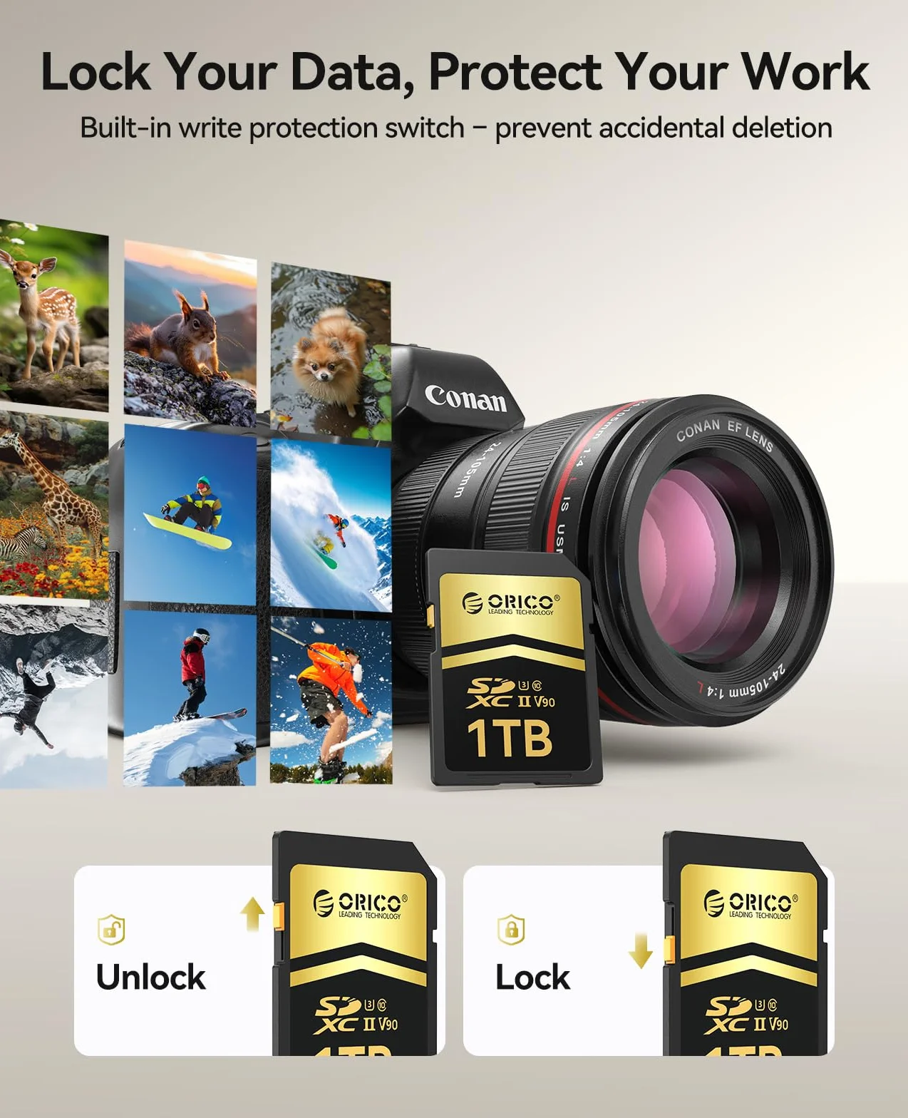 ORICO SD90 karta SD 512 GB, UHS-II, C10, U3, V90, 8K UHD, do 300 MB/s | Karta pamięci SDXC dla profesjonalnych fotografów i profesjonalnych kamer wideo