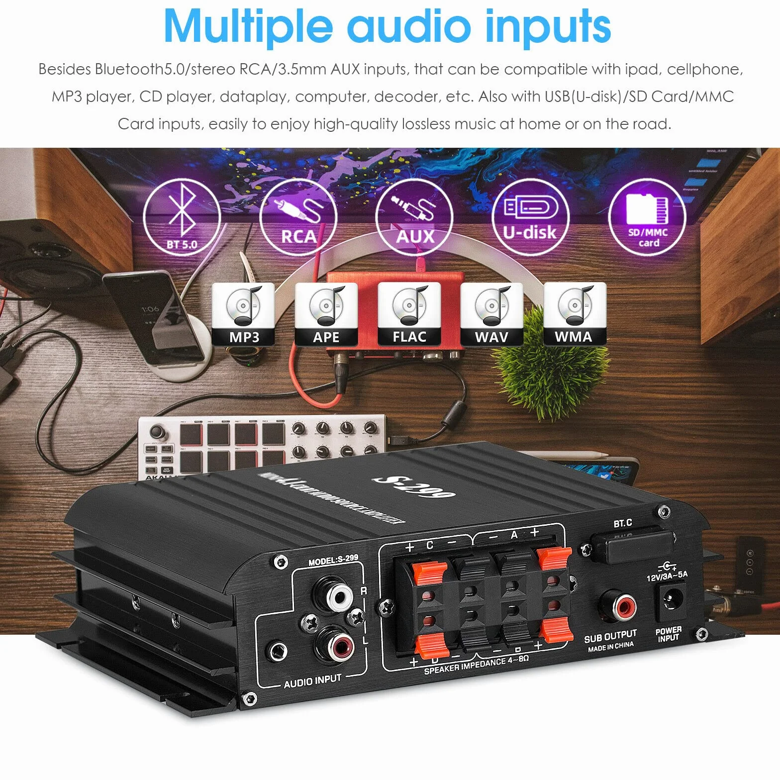 4.0-kanałowy wzmacniacz HiFi Wzmacniacz cyfrowy Bluetooth do domowego/samochodowego wzmacniacza basowego