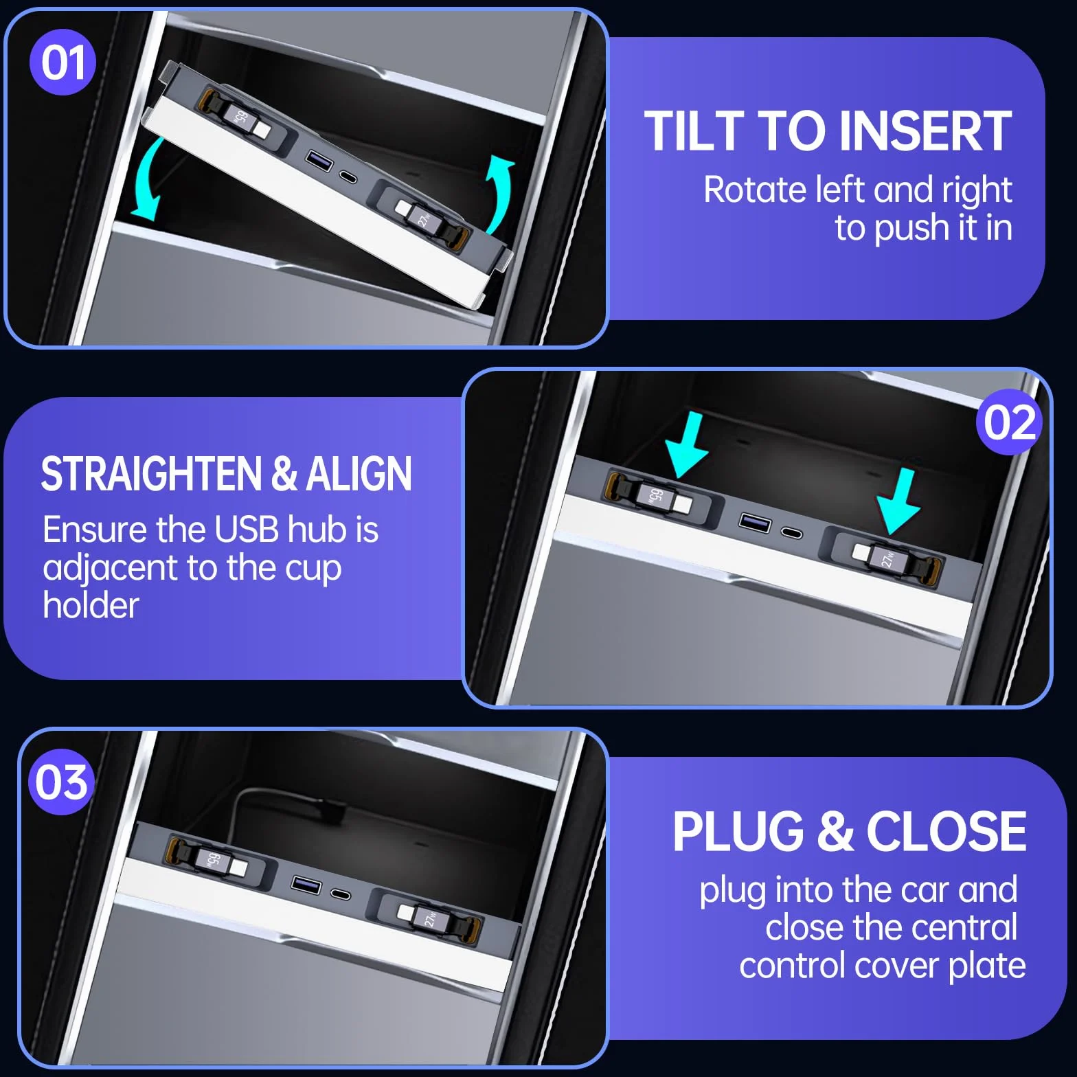 Hub USB do Tesla Model 3 Highland 2024 2025 Model Y Juniper 2025 z przesuwaną pokrywą, 119 W 4 w 1 Multi Ports, szybka ładowarka, wodoodporna stacja dokująca z wysuwanymi kablami, pasuje do