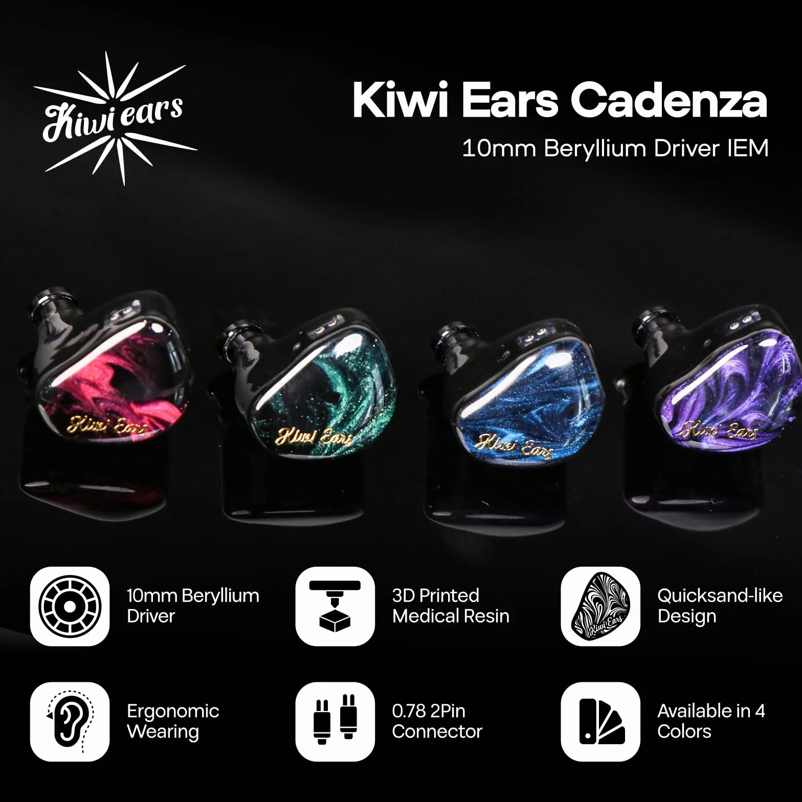 Kiwi Ears Cadenza w monitorze usznym, 10 mm beryllium Dynamic Driver IEM, przewodowe słuchawki HiFi Studio z wnęką drukowaną 3D, odłączany 2-pinowy kabel IEM 3,5 mm dla audiofilów