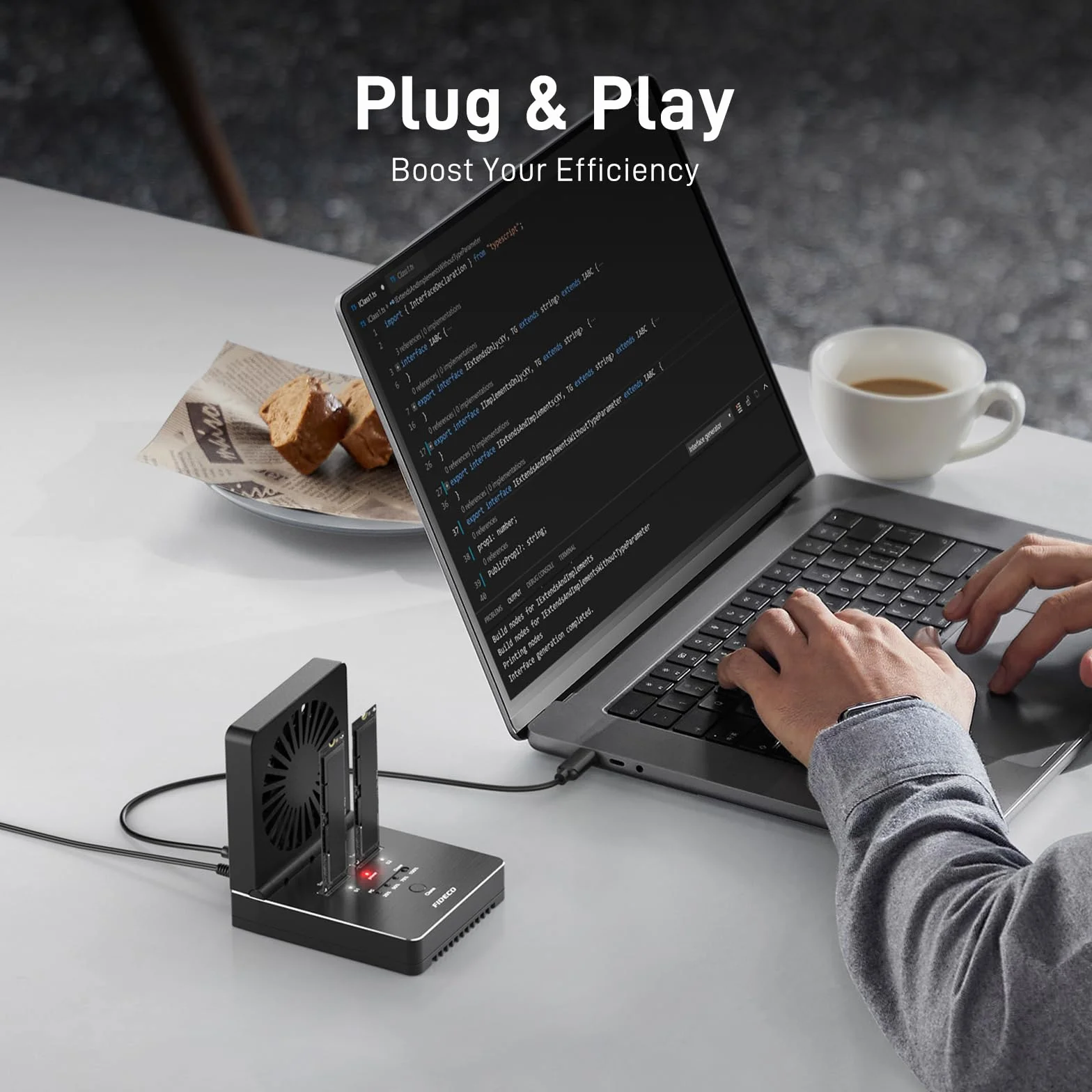 FIDECO M.2 NVMe SATA SSD Cloner Dock, USB 3.2 Gen 2, 20 Gb/s NVMe Cloner Duplicator ze składanym wentylatorem chłodzącym, obsługa klonu offline, UASP i TRIM, aluminiowa konstrukcja