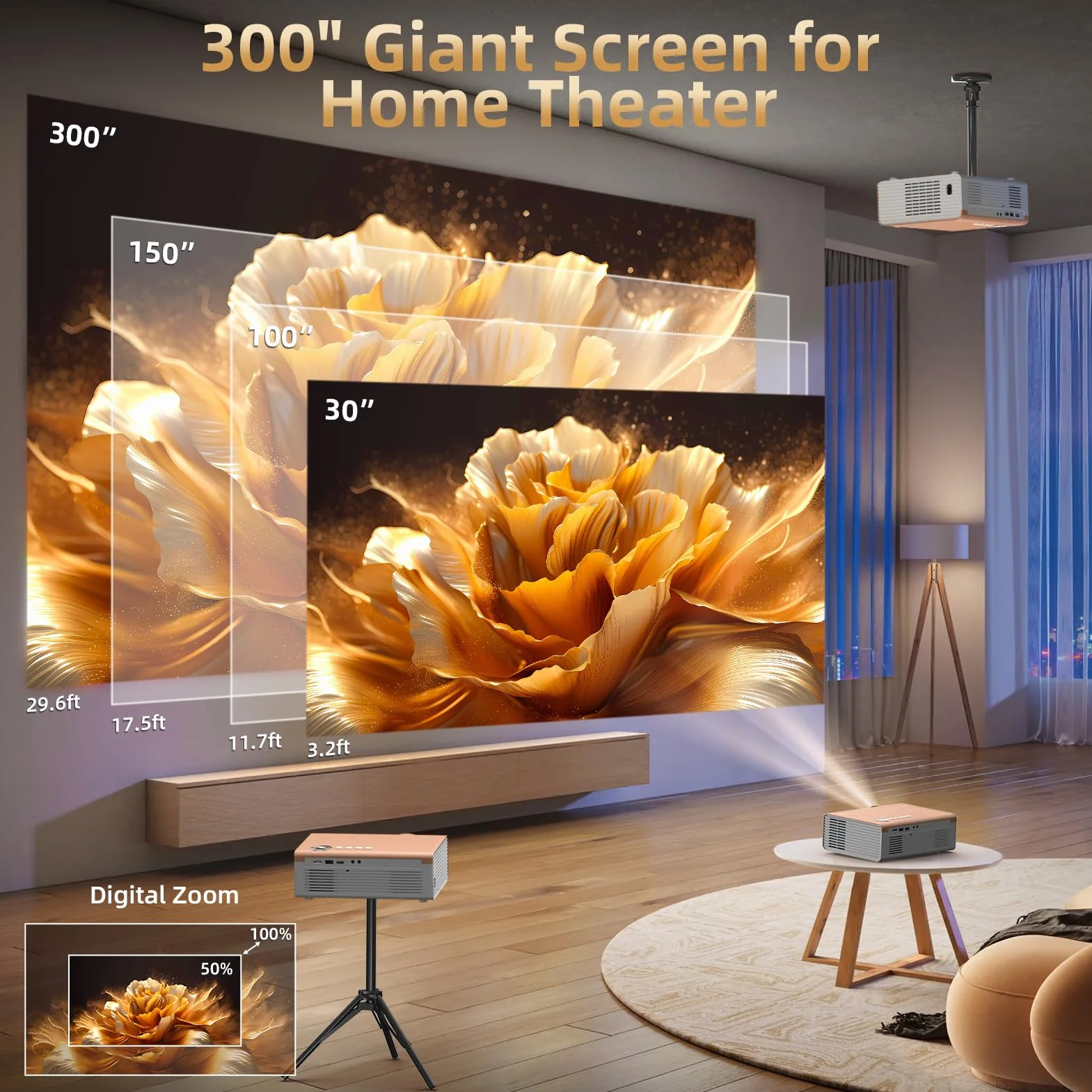 Elektryczny fokus/Auto 6D Keystone] Projektor FUDONI z WiFi6 i Bluetooth5.4, 800ANSI Native 1080P przenośny zewnętrzny projektor filmowy, Smart Home Proyector 4K, obsługa HDMI/USB/iOS/Android/TV