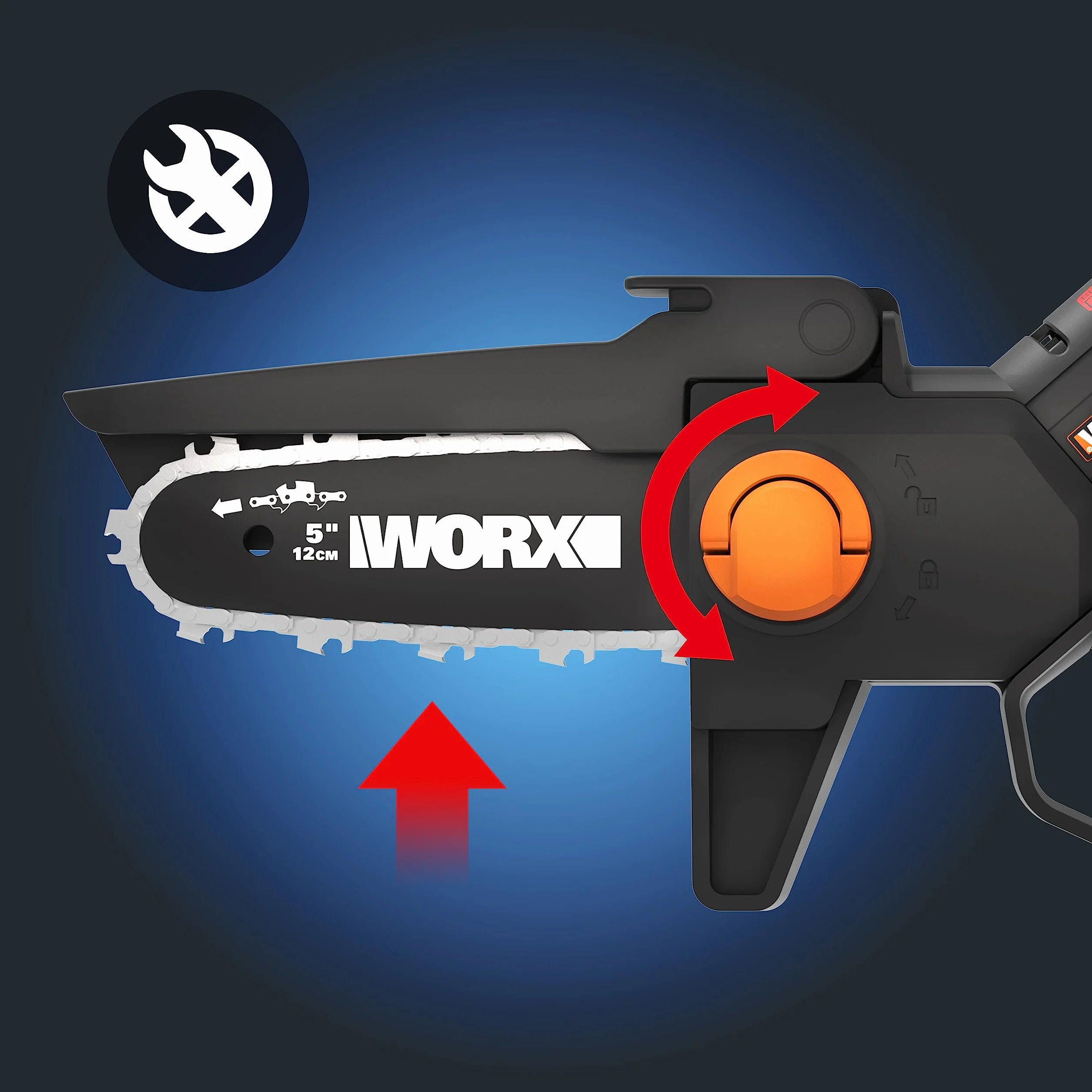 WORX WG325E Nitro profesjonalna mini akumulatorowa piła łańcuchowa 20 V – jednoręczna piła do gałęzi – mocny silnik bezszczotkowy – długość cięcia 12 cm – lekka i kompaktowa – automatyczne smarowanie