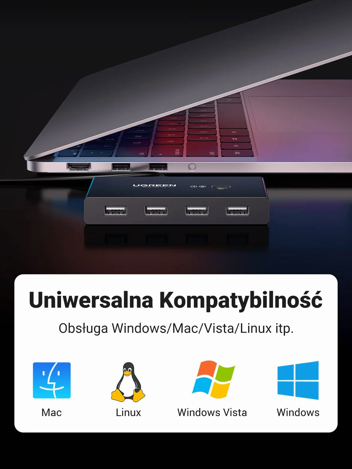 UGREEN USB 2.0 Przełącznik, Przełącznik Udostępniania 2 w 4 z 2 Kablami USB 2.0 do Drukarki, Skanerów, Zewnętrznych Dysków Twardych itp.
