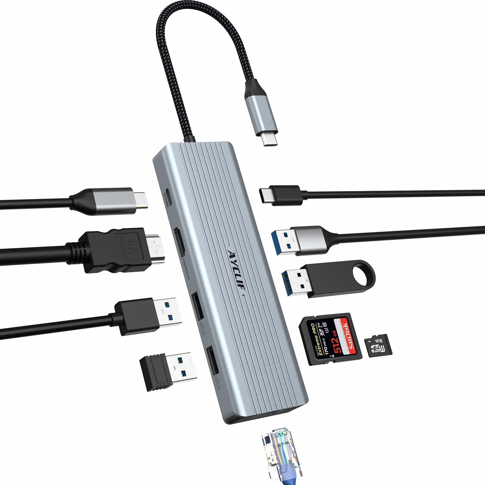 10 w 1 Dual Monitor AYCLIF koncentrator USB C, stacja dokująca, laptop USB C adapter (Gigabit Ethernet, 4K HDMI, USB 3.0, PD 100 W, 3,5 mm MIC, czytnik SD/TF) do MacBook Pro/Air, HP, Lenovo, Dell