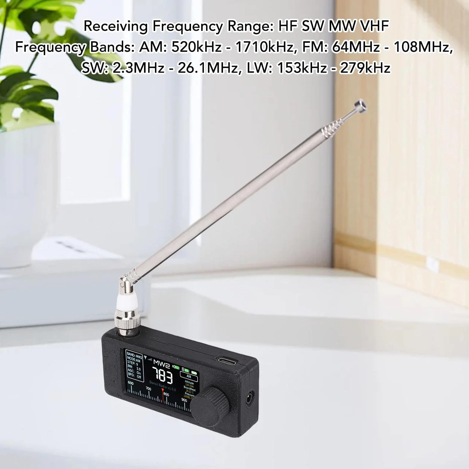 Bewinner SI4732 Przenośny Odbiornik Radiowy z Ekranem IPS 1,9 Cala, Pełne Pasmo AM FM LSB Obsługa USB, Antena Teleskopowa, 10H Bateria do Podróży, Awaryjna (BLACK)