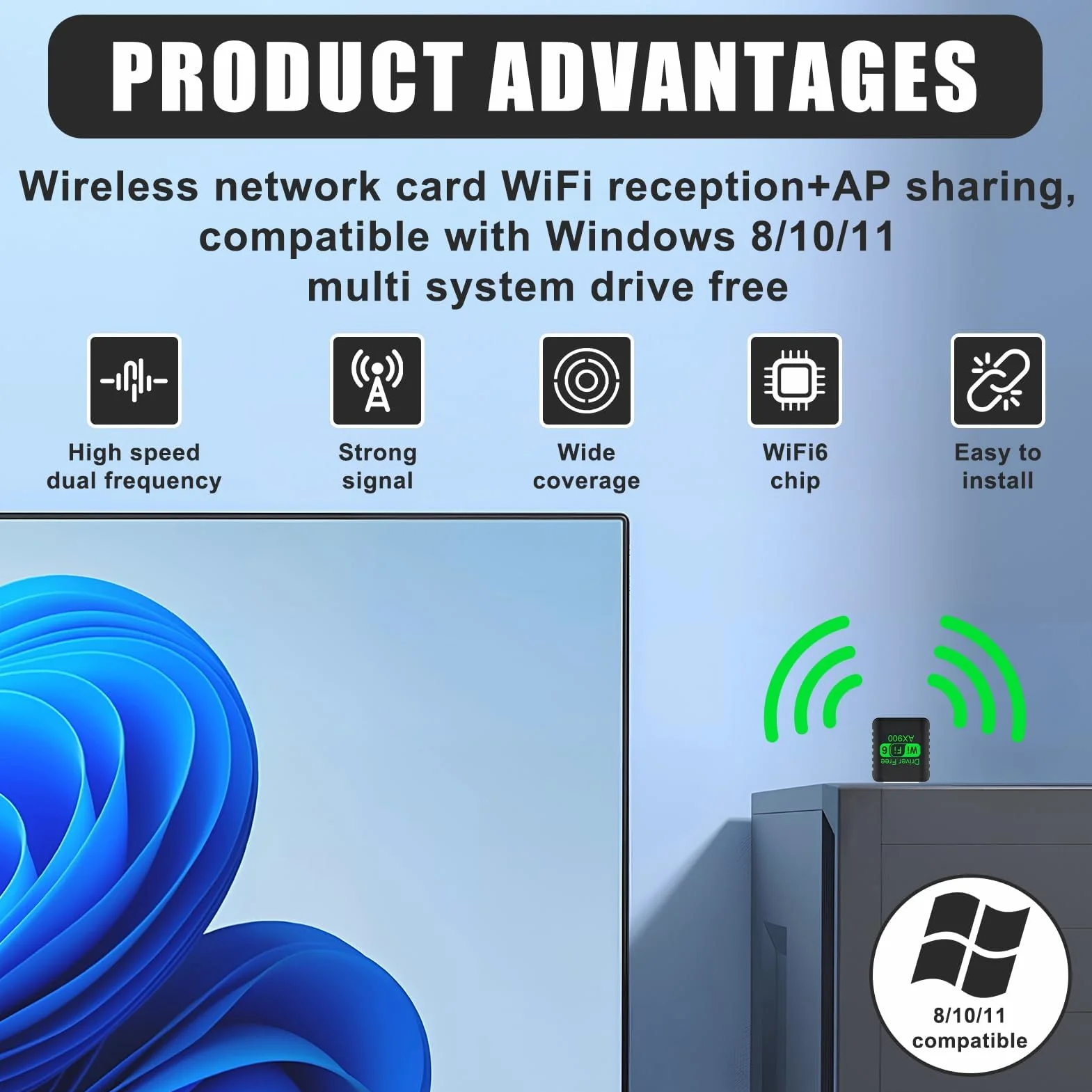 Klucz WiFi 6 AX900 Mb/s, dwuzakresowy klucz WiFi do komputera 2,4 GHz/5 GHz, potężny adapter USB WiFi do komputera stacjonarnego i laptopa, wysoka prędkość, kompatybilny z Windows 11/10/8
