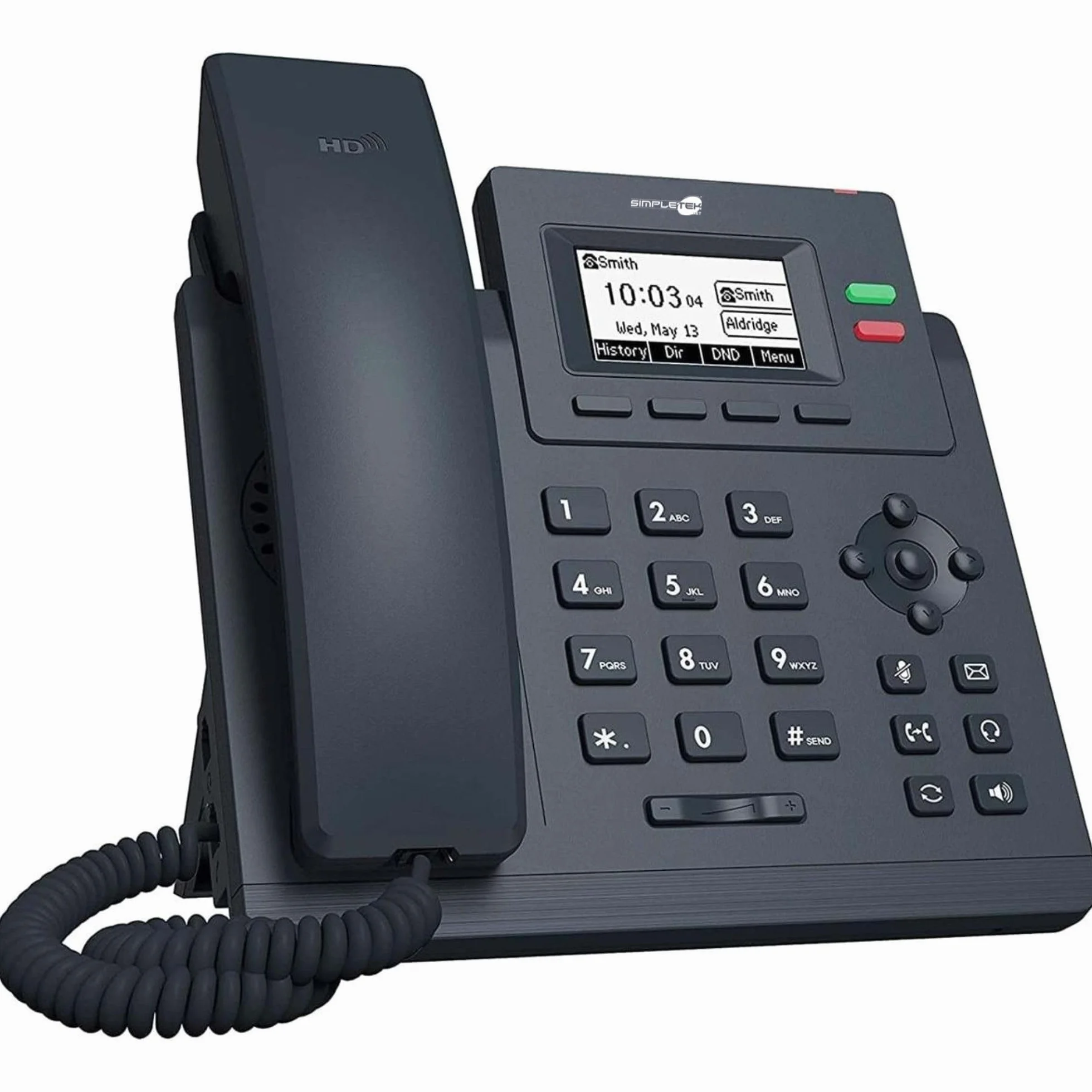 SIMPLETEK - Telefon IP VoIP, 2 konta SIP, podświetlany wyświetlacz, dźwięk HD, obsługa EHS i PoE, przełącznik Ethernet 2-portowy 10/100