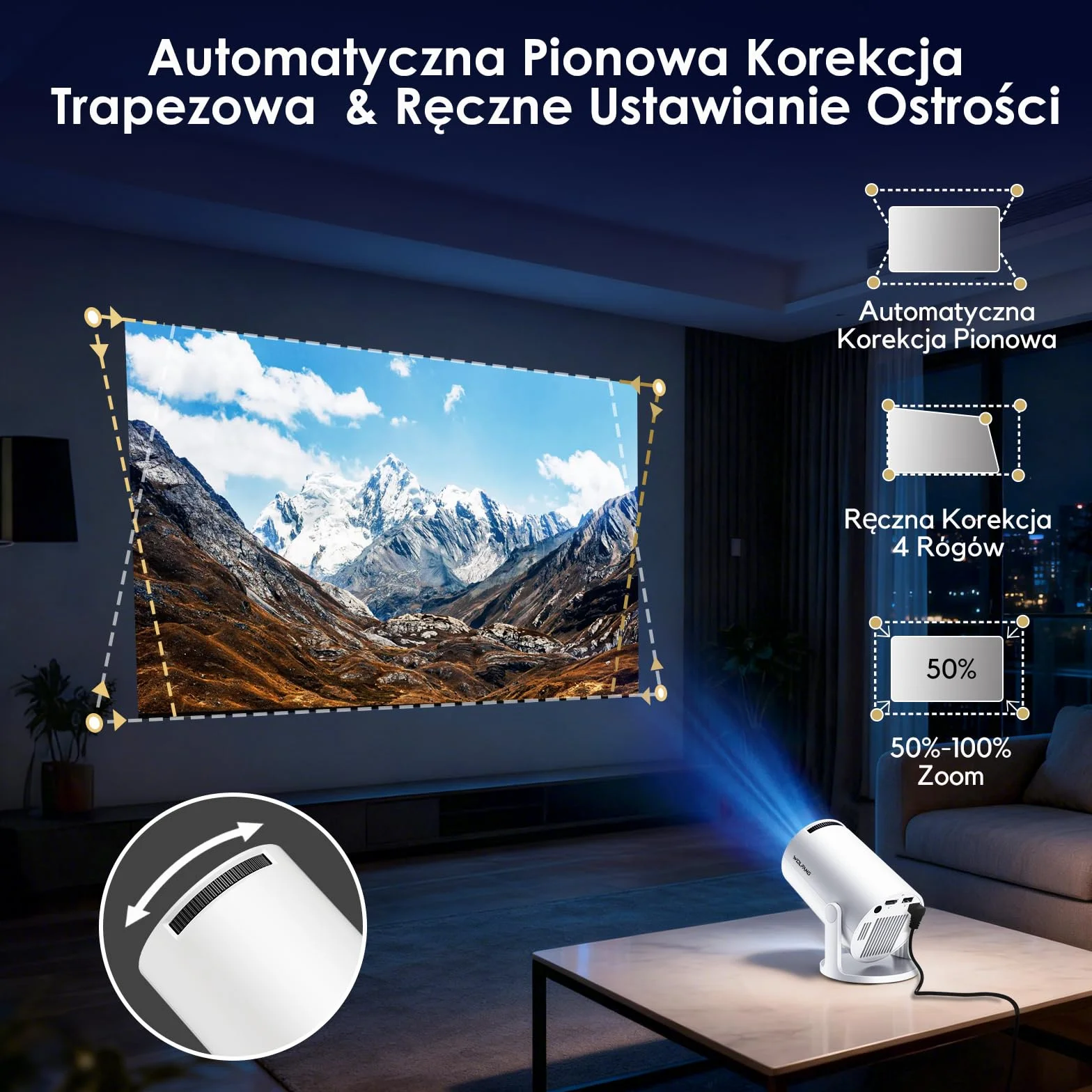 WOLFANG Projektor, Ulepszony Mini Projektor 2026, Projektor do Sypialni z Obsługą 1080P Full HD, WiFi 6 i Bluetooth 5.4, Obrót 180°, Kompatybilny z iOS/Android/TV Stick