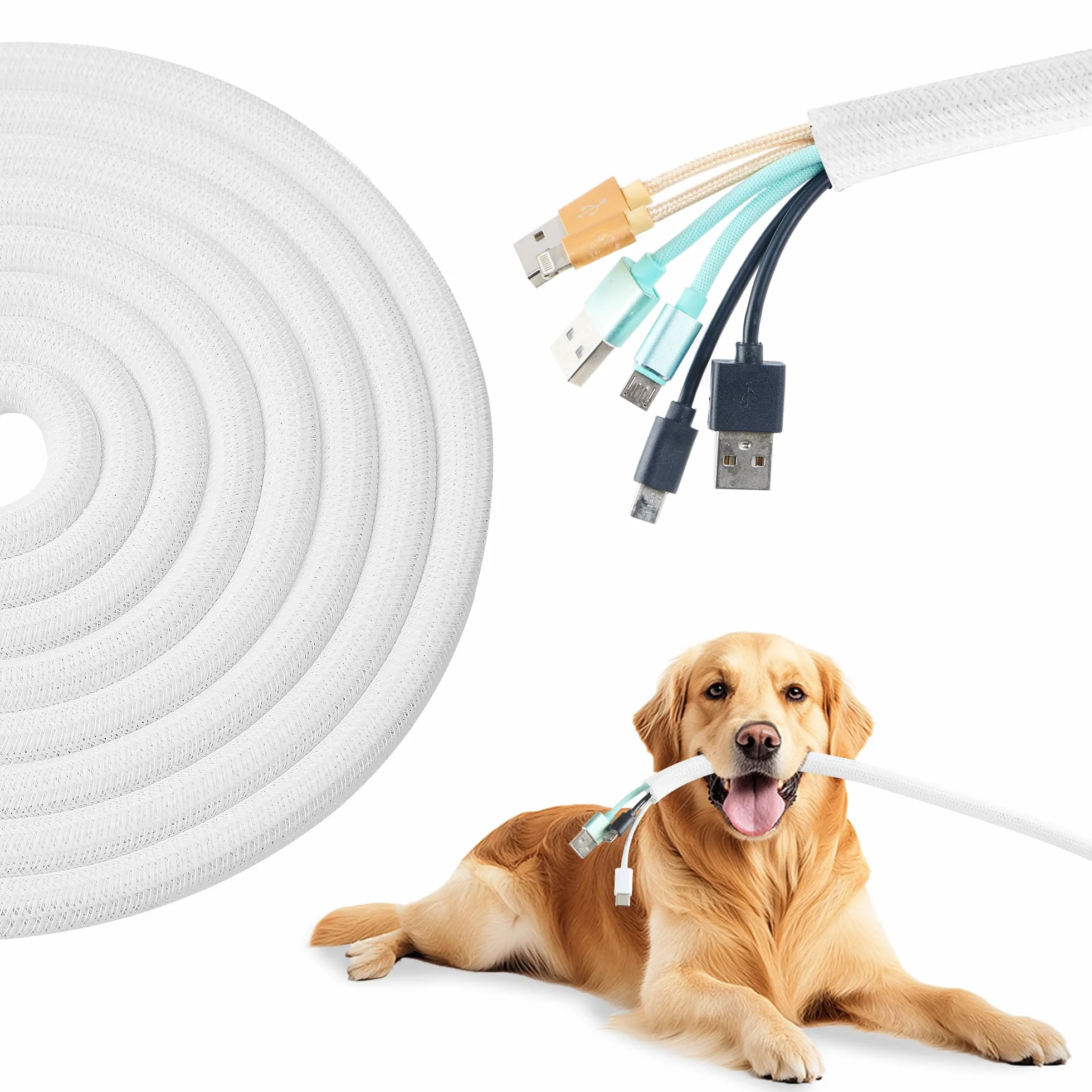 7,6 m – 1 cm, biała, dzielona osłona, osłona kabla dla zwierząt domowych, do żucia kotów, do przewodów zasilających USB, przewodów audio-wideo, 7,6 m
