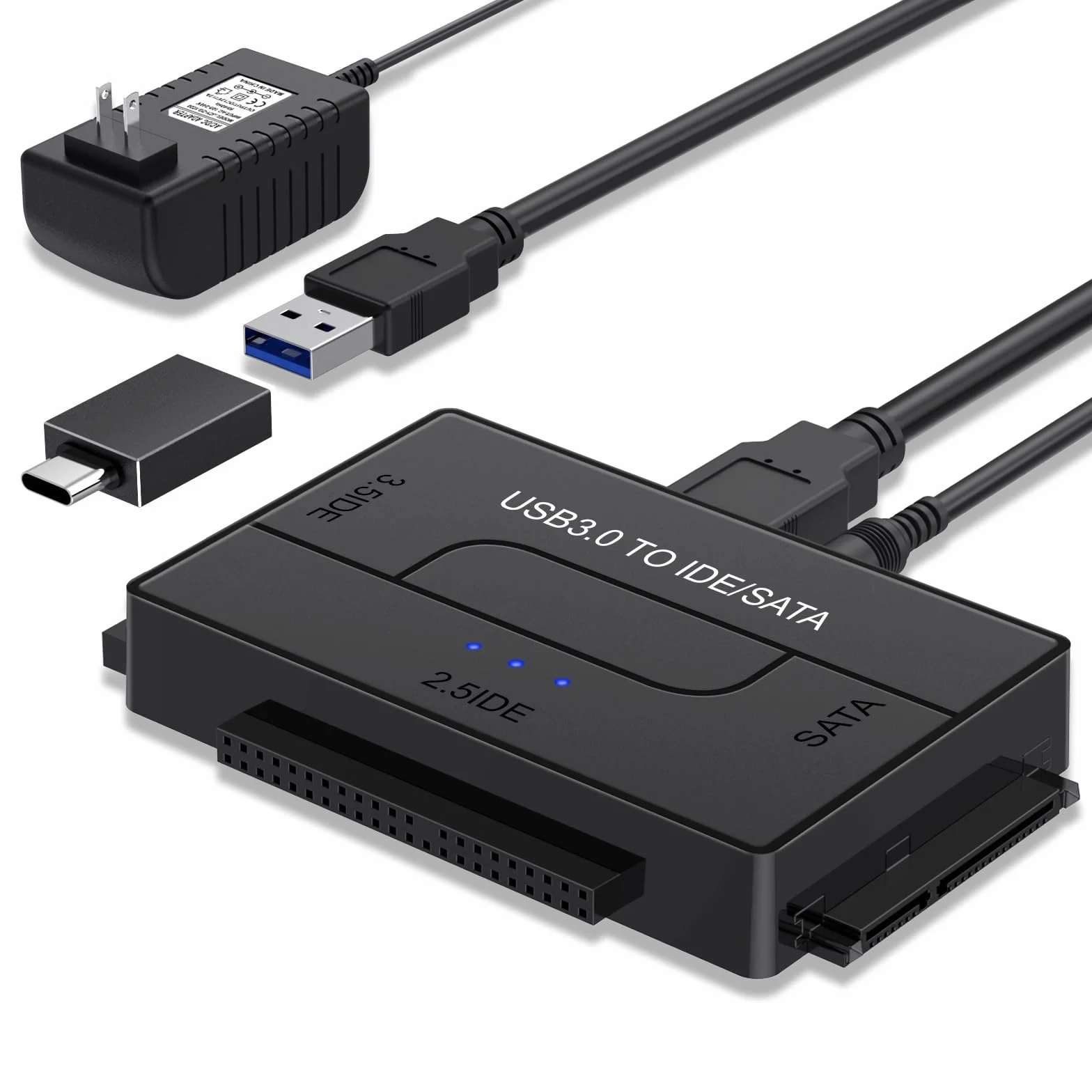 Czytnik dysków twardych USB 3.0 na SATA IDE, zewnętrzny dysk twardy Ultra Recovery Converter Uniwersalny zestaw adapterów do dysku twardego 2,5/3,5 HDD/SSD, zawiera zasilacz 12 V/2 A