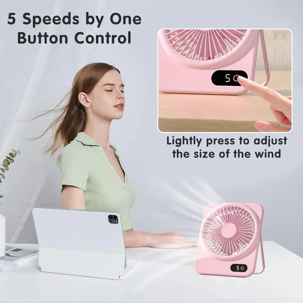 Wentylator stołowy, mały akumulator, przenośny mini wentylator z uchwytem na telefon, wentylator kieszonkowy z wyświetlaczem LED, regulowany 180°, 5 prędkości, do podróży, na świeżym powietrzu, na