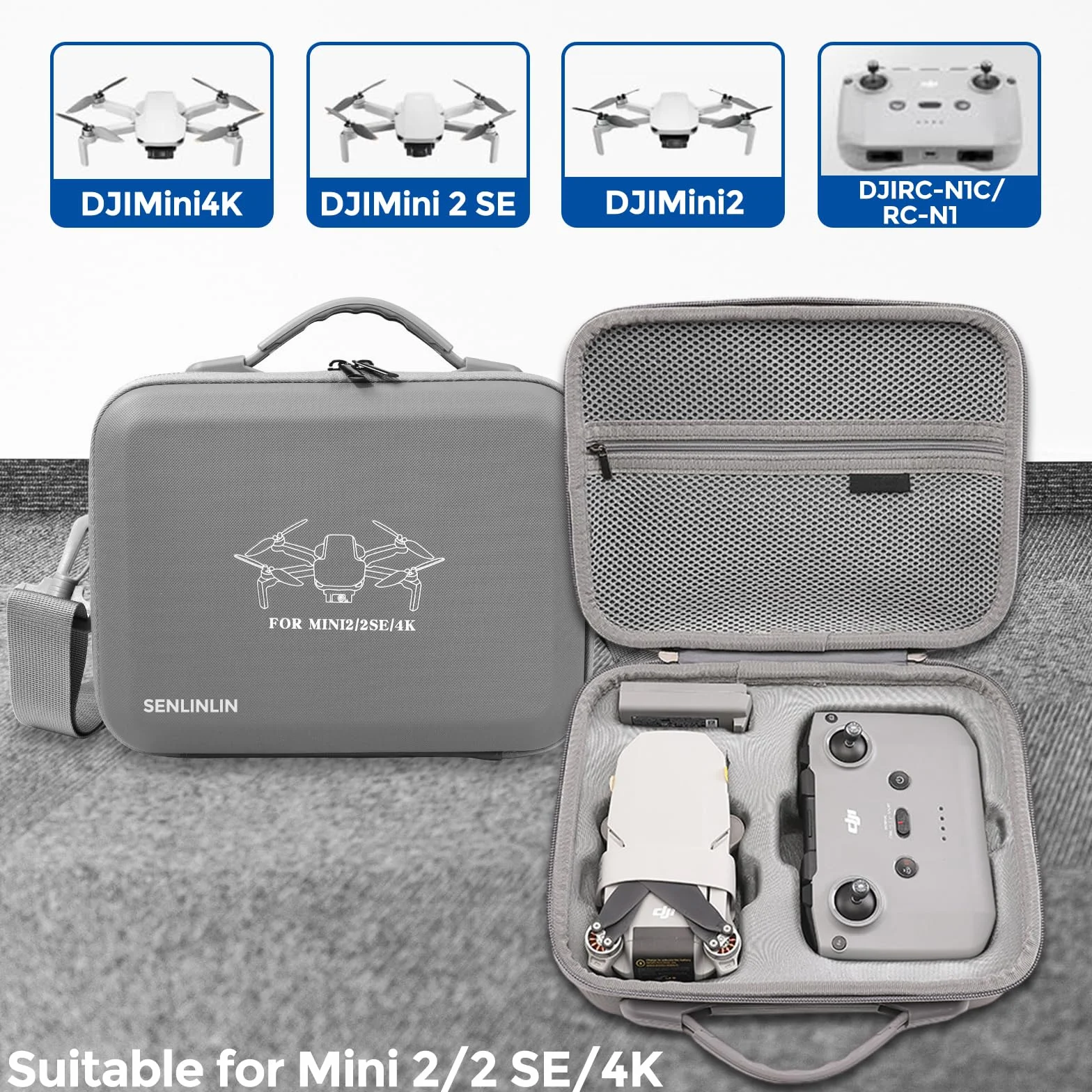 Etui wodoodporne do DJI Mini 4K, Mini 2 SE, Mini 2 – Szara torba z paskiem na ramię