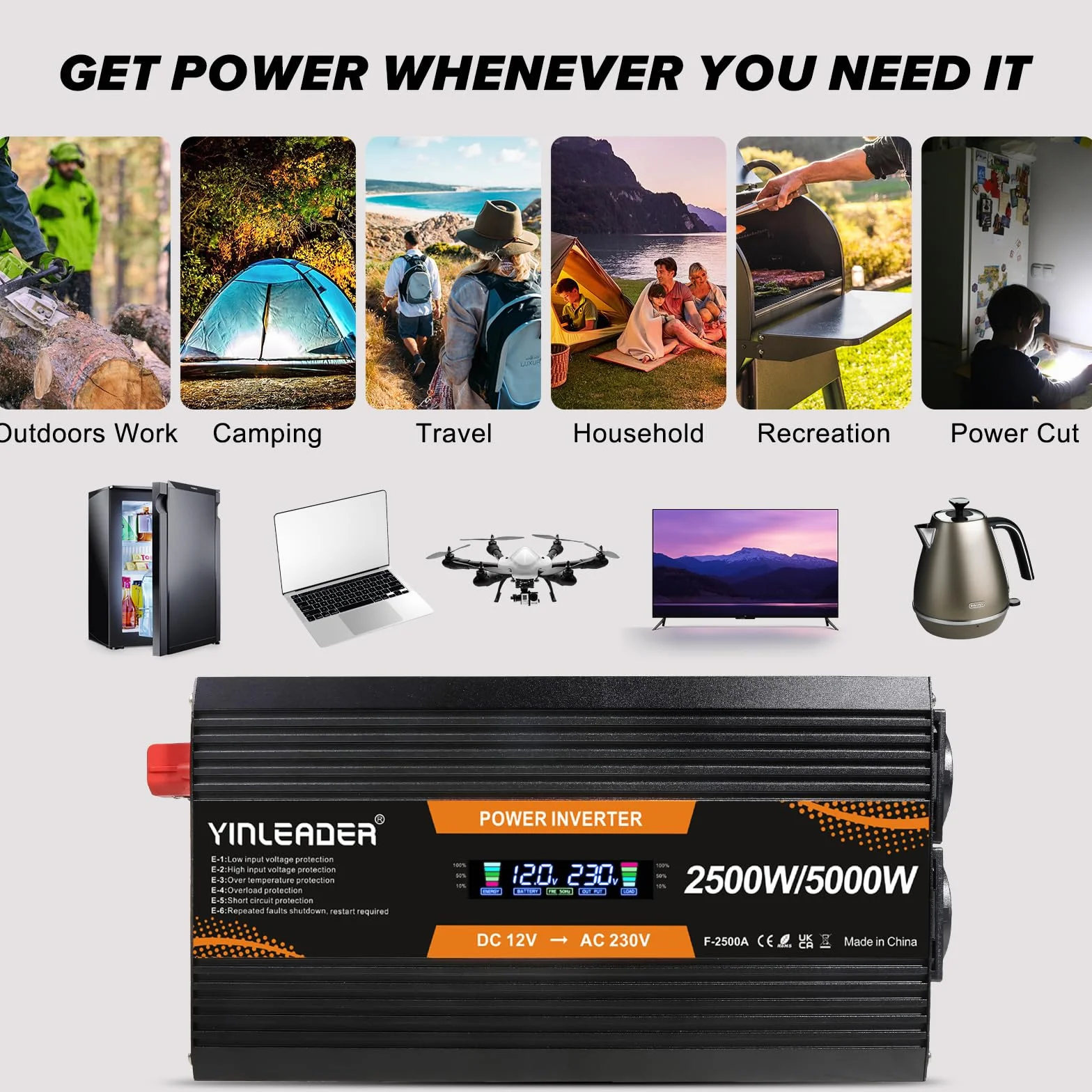 Yinleader Falownik 12 V 230 V 2500 W konwerter mocy z wyświetlaczem LCD 2 gniazda AC do paneli słonecznych samochodów RV