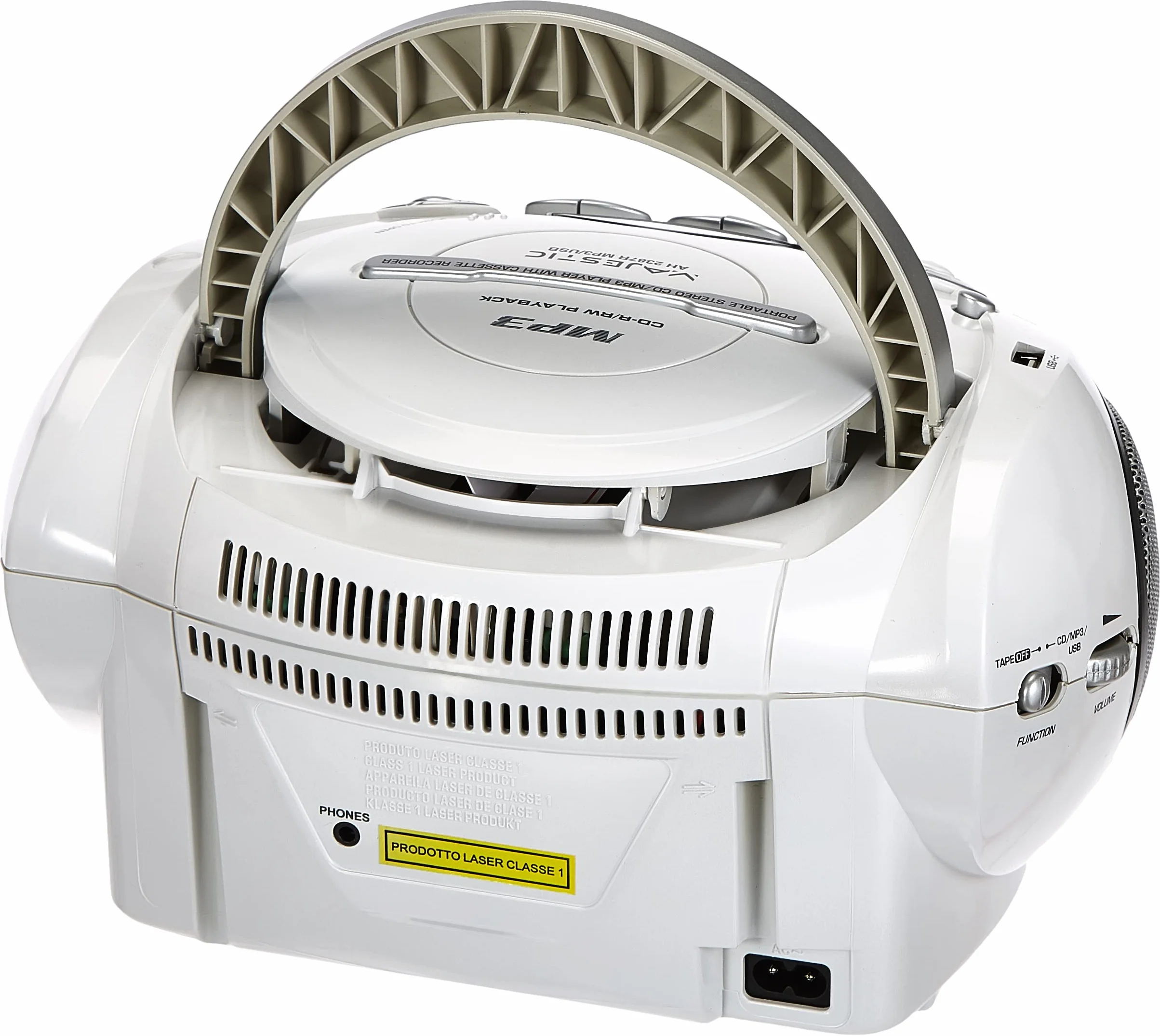 Majestic AH 2387R MP3 USB przenośny boombox z odtwarzaczem CD/MP3, wejściem USB, magnetofonem, gniazdem słuchawkowym, bez funkcji radia, biały