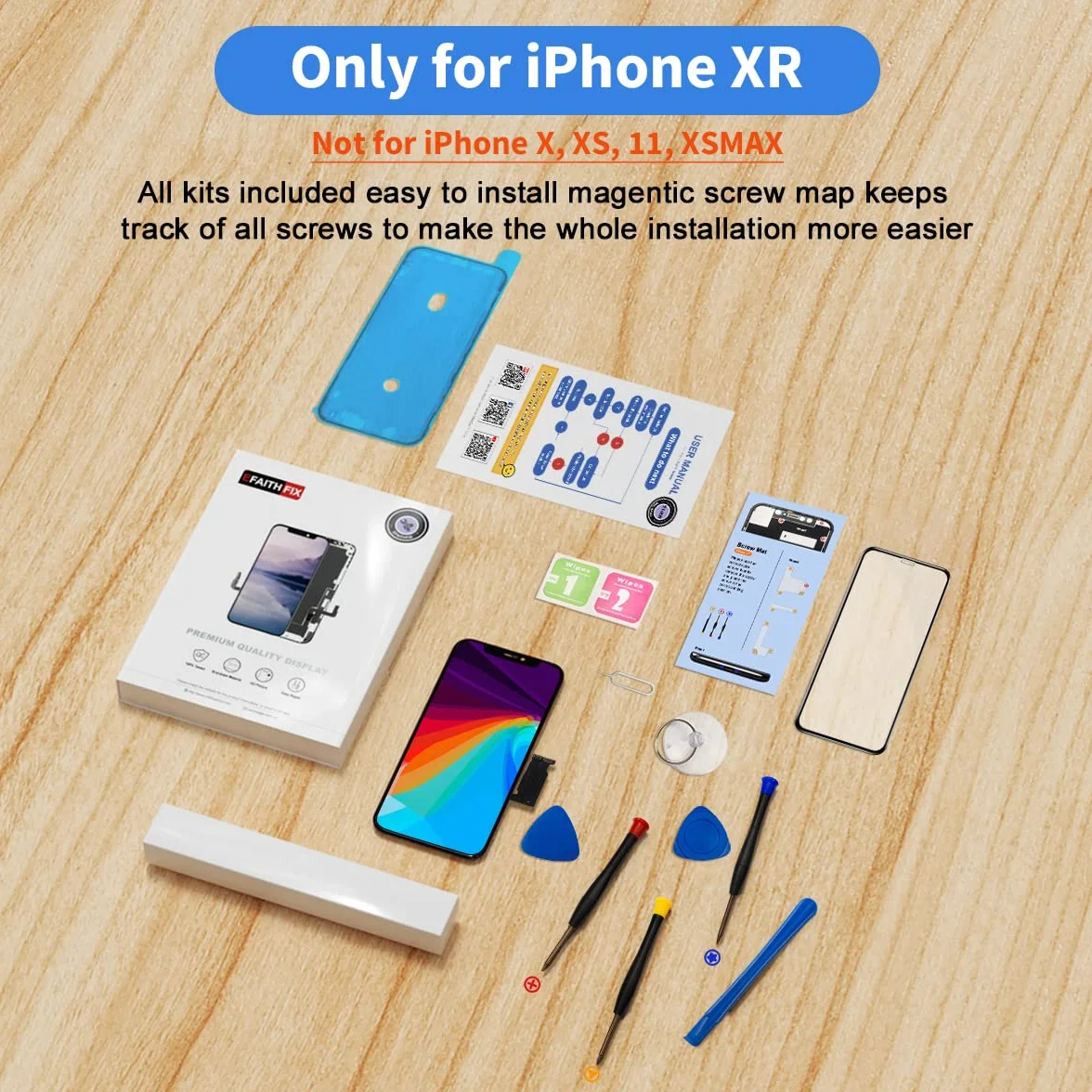 EFAITHFIX do iPhone XR zamiennik ekranu COF 6,1-calowy ekran LCD z zaciskiem przyssawka wyświetlacz dotykowy 3D zespół digitizera do A1984/A2105/A2106/A2108 narzędzie do naprawy szkła hartowanego wodoodporny klej