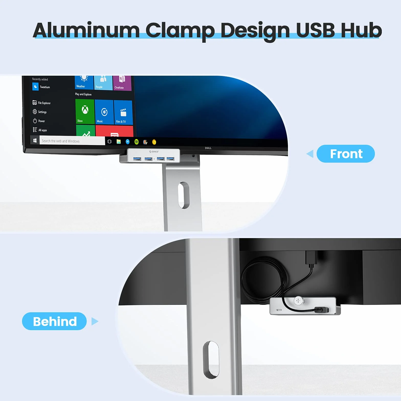 ORICO Adapter zaciskowy koncentratora USB 3.0, aluminiowy 4-portowy rozdzielacz USB z dodatkowym portem zasilania i kablem danych USB 4,92 FT, ultra-przenośny rozszerzacz USB do 2021 iMac/laptop/PC
