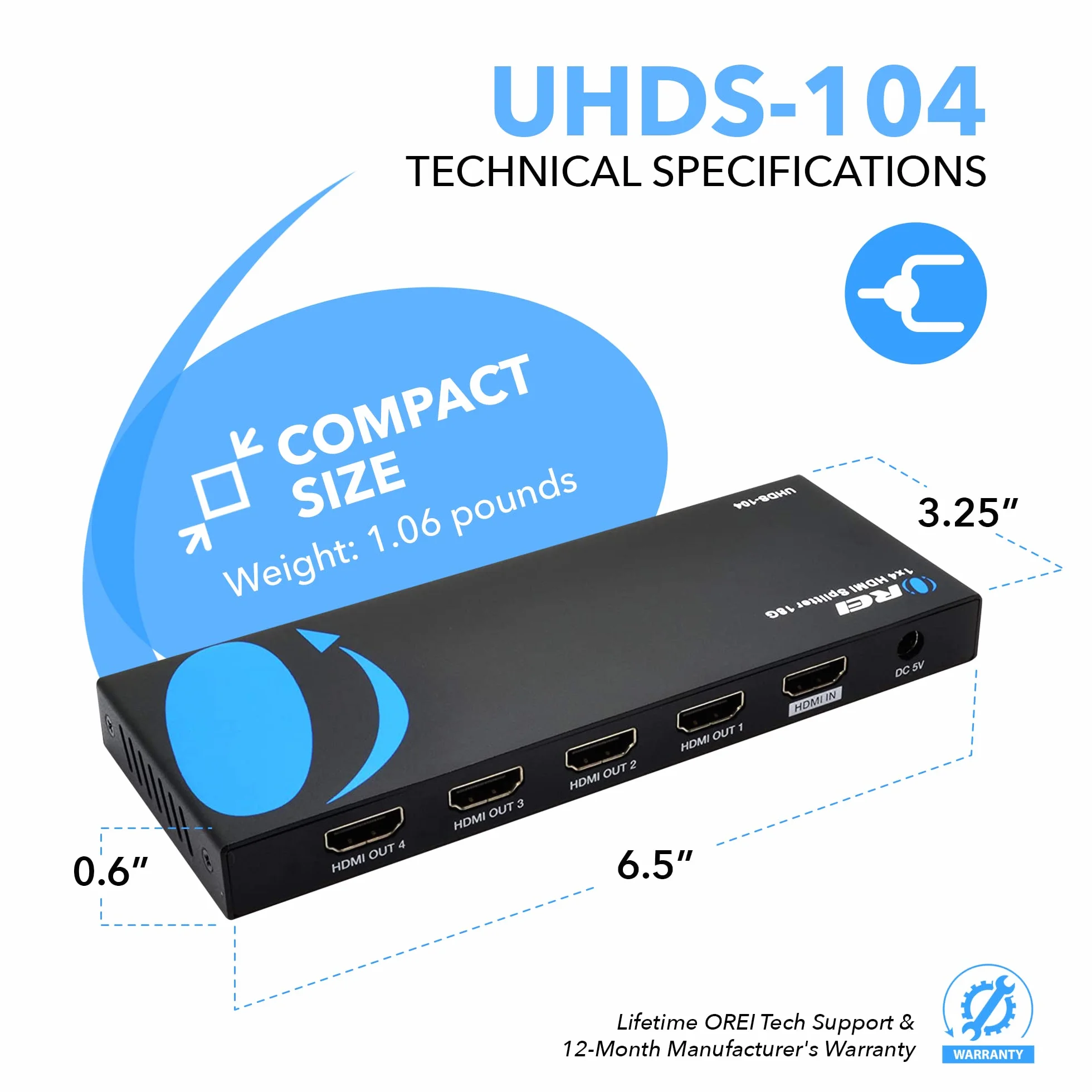 Orei UltraHD 4K przy 60 Hz 1 x 4 rozdzielacz HDMI 1 na 4 wyjścia 4 porty 4: 8-bitowy - HDMI 2.0, HDCP 2.18 Gb/s