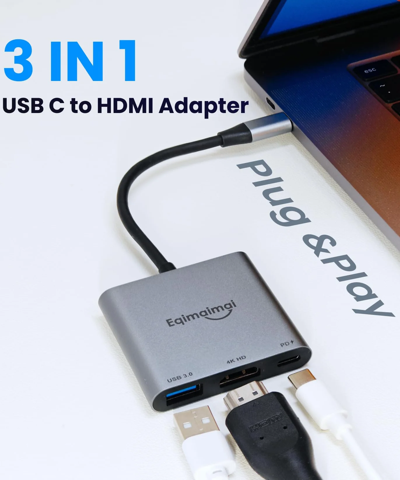 Adapter USB C na HDMI, 4K przy 30 HDMI na USB C, adapter USB C na HDMI z USB 3.0, ładowanie PD 100 W, wieloportowy koncentrator kompatybilny z MacBook Pro, iPad Air, iPhone, laptopem, telewizorem