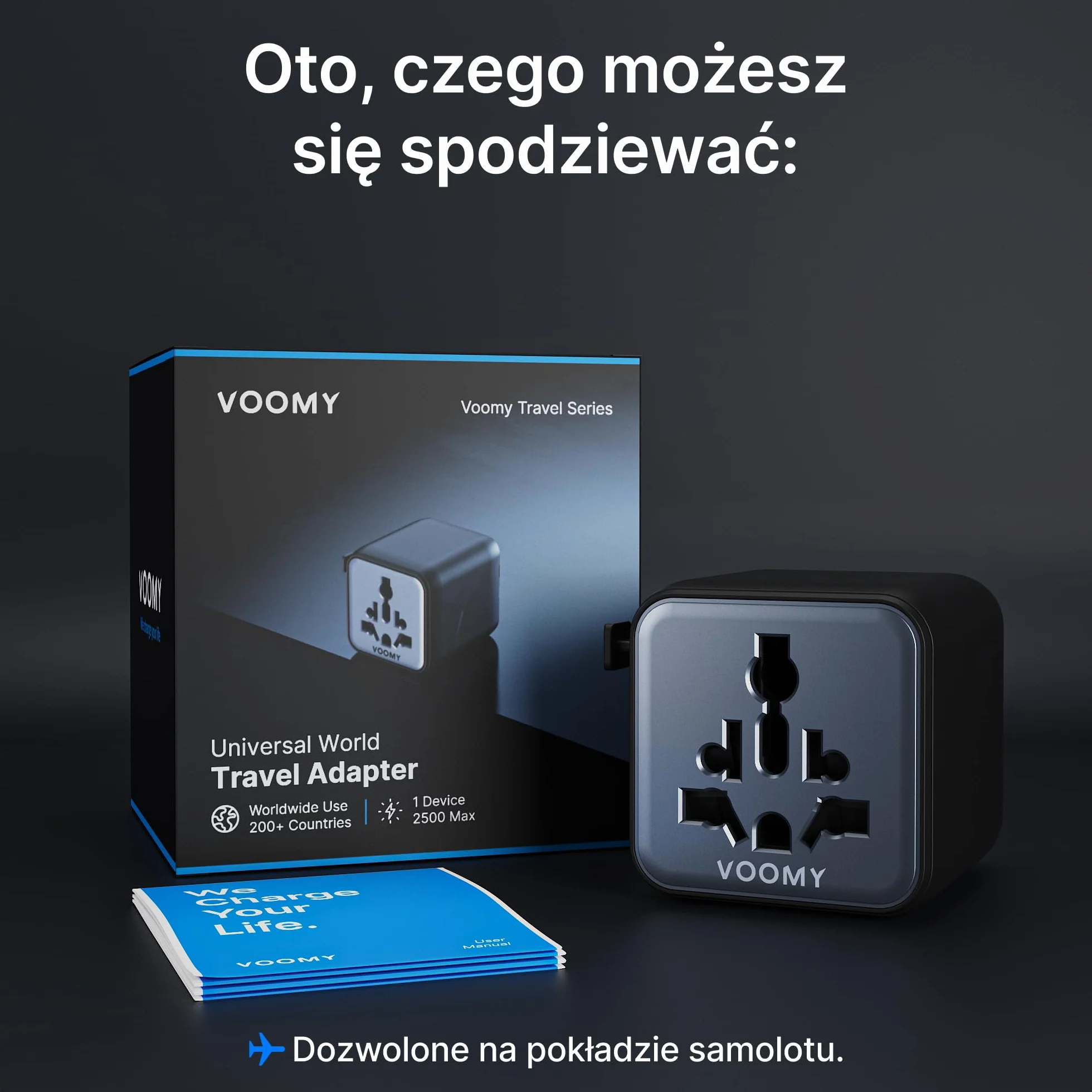 Voomy Uniwersalny Adapter Podróżny – 200+ Krajów w tym UK, USA, Japonia, Tajlandia & Australia, 2500W Ochrona Przeciwprzepięciowa, Kompaktowy Design