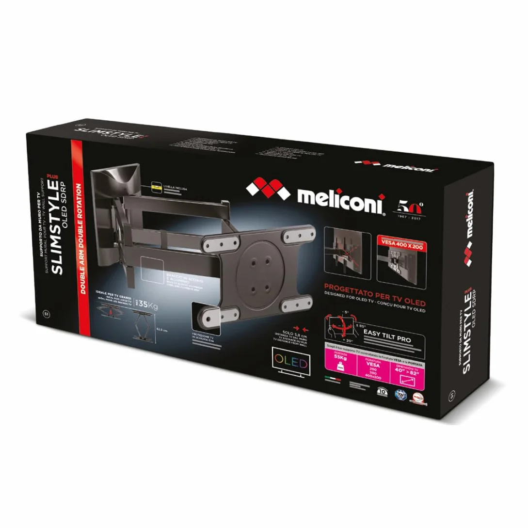 Meliconi 480870, Oled SDRP Plus, Podwójne Ramię i Podwójne Obrót Uchwyt VESA 400x200, Orientacja w poziomie i pionie, Maksymalny zasięg 55 kg, Do telewizorów OLED 40"-82" (102-208 cm), Czarny