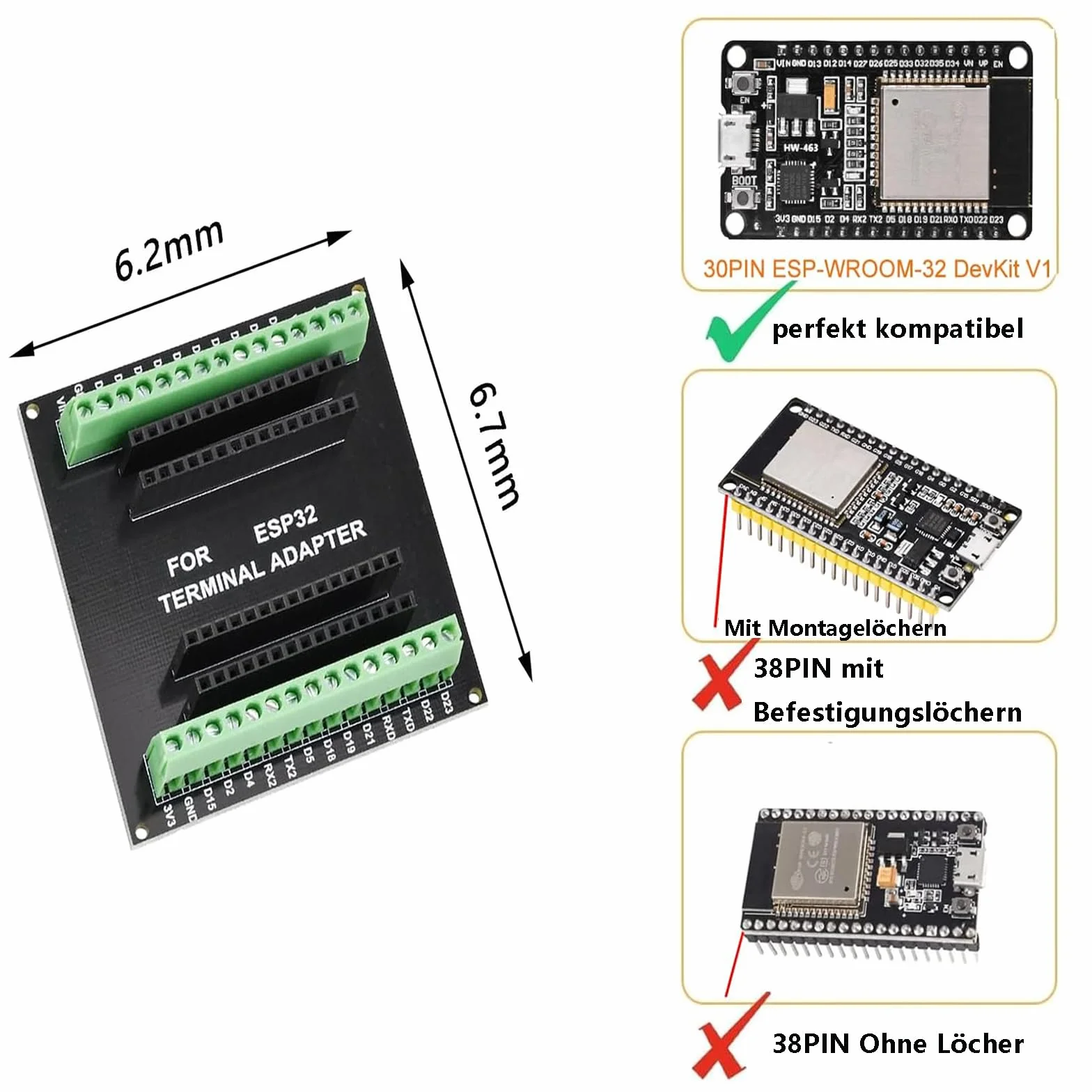3 szt. ESP32 Breakout Board do 30PIN, ESP32 deska rozwojowa 2,4 GHz Dual Core WLAN WiFi + Bluetooth 2 w 1 mikrokontroler ESP-WROOM-32 chip do Arduino (3)