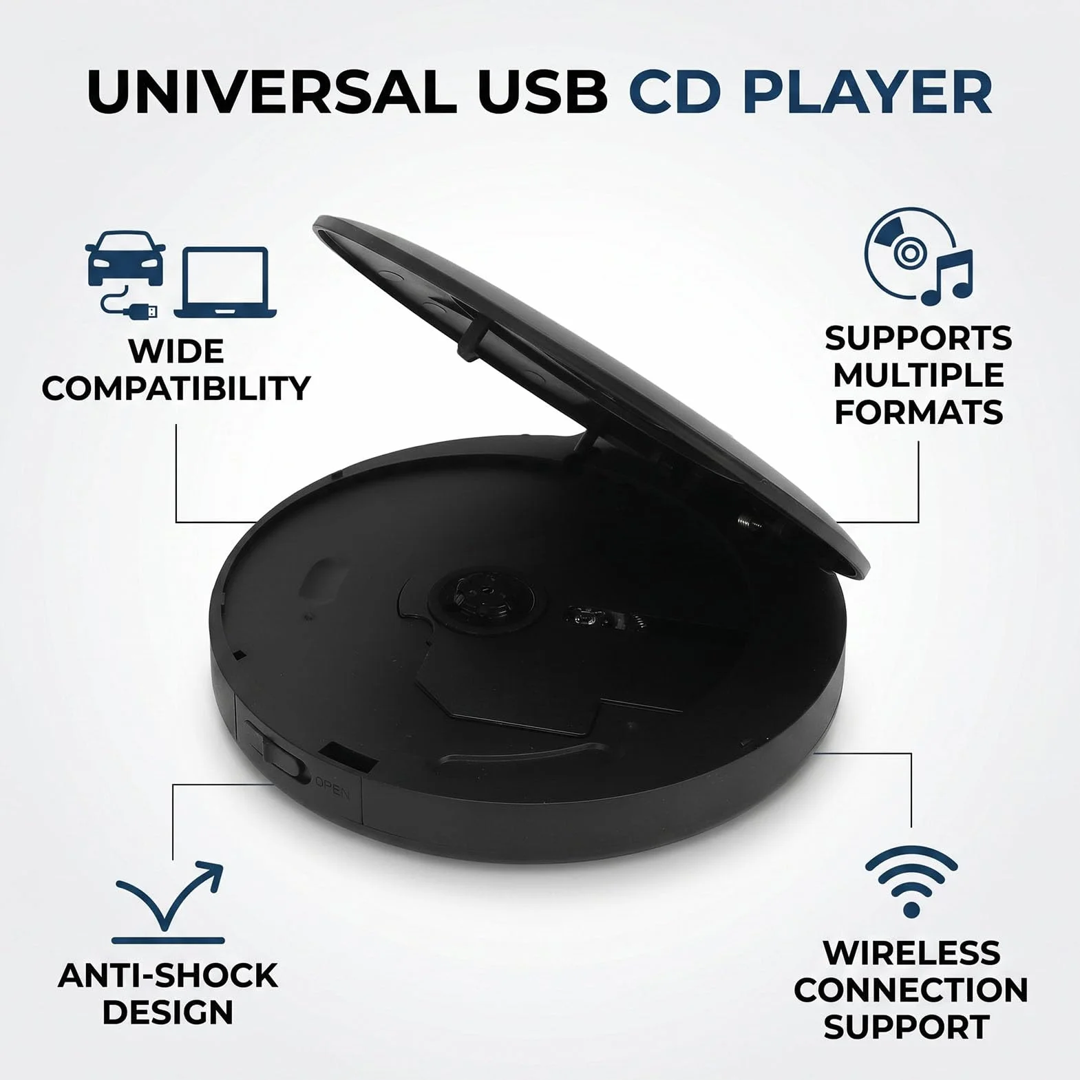 Sxhlseller Zewnętrzny Samochodowy Odtwarzacz CD z Bluetooth, Interfejsem USB, Odpornym na Wstrząsy Przenośnym Odtwarzaczem Muzyki, do Laptopa, Telewizora, Komputera, Pojazdów