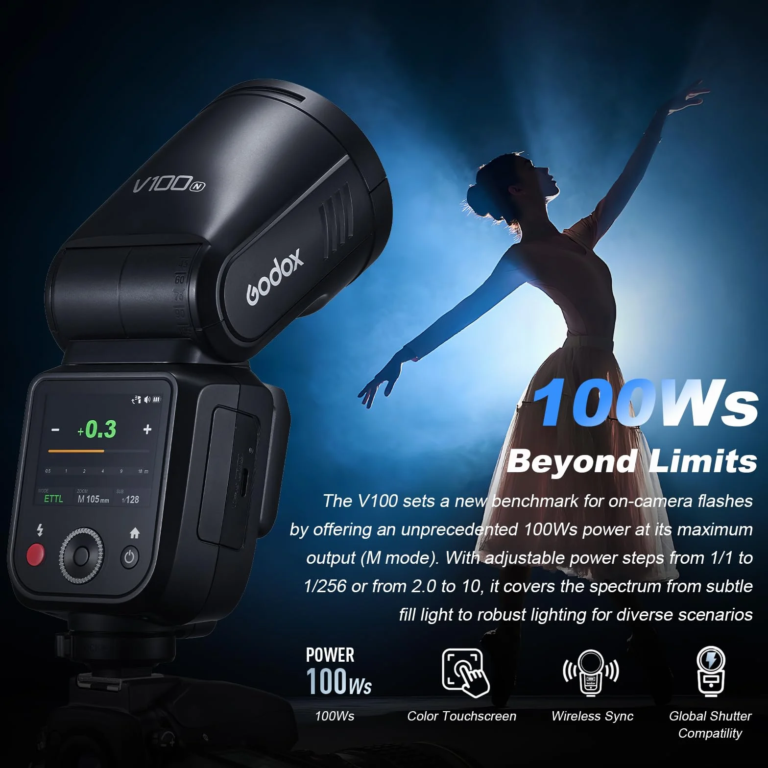 Godox V100-N V100 N lampa błyskowa z okrągłą głowicą TTL Speedlite kompatybilna z Nikon 2.4G Wireless TTL Speedlight Strobe 100Ws HSS 1/8000s z litowo-jonową baterią błyskową obsługuje typ C