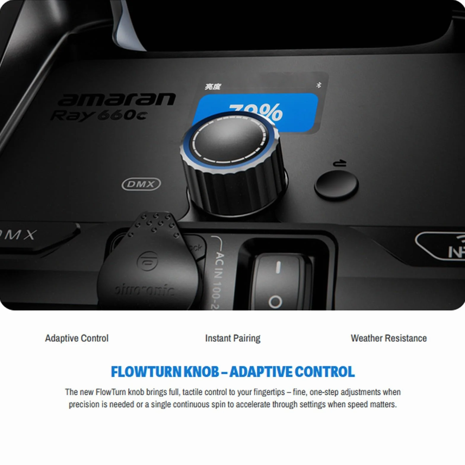 Amaran Ray 660c Full Color RGB Video Light, 660 W Bowens Mount Oświetlenie ciągłe wyjście CCT 1800 K-20 000 K, 38 500 luksów przy 1 m Obsługa APP/DMX Control 12 efektów do fotografii
