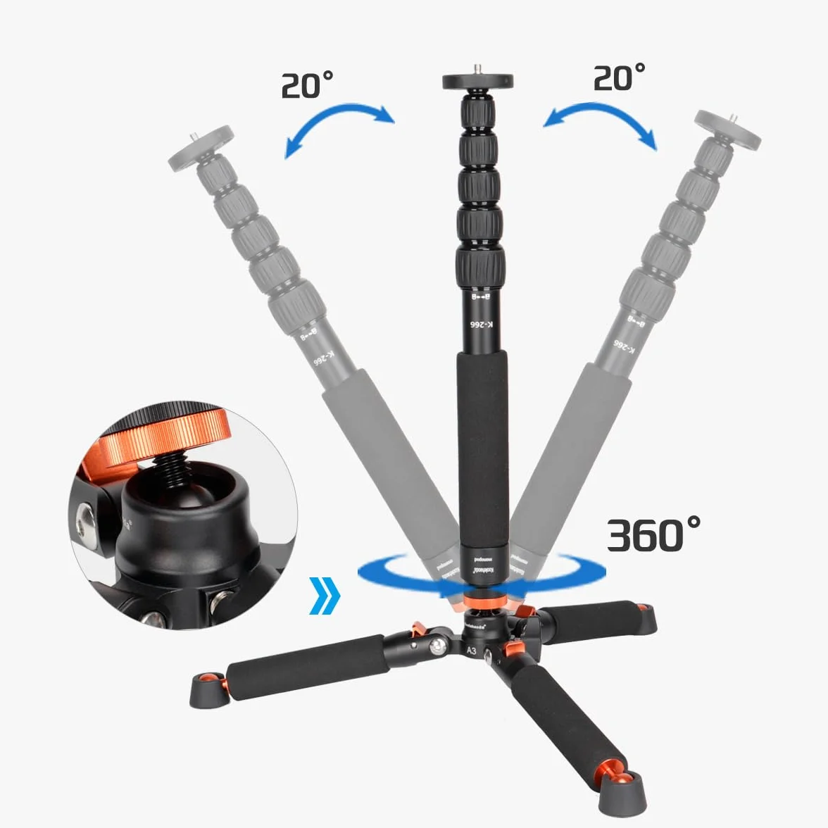Koolehaoda Aluminiowy monopod do aparatu fotograficznego z metalową podstawą. 6 sekcji 42-177 cm, regulowana średnica nóg Φ28 mm, do 10 kg - czarny