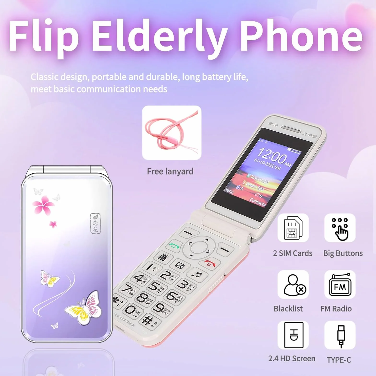Podstawowy telefon komórkowy dla osób starszych, telefon komórkowy 2G z dużym przyciskiem, odblokowany, standard sygnału GSM, obsługa kart dual SIM + SD,Pink