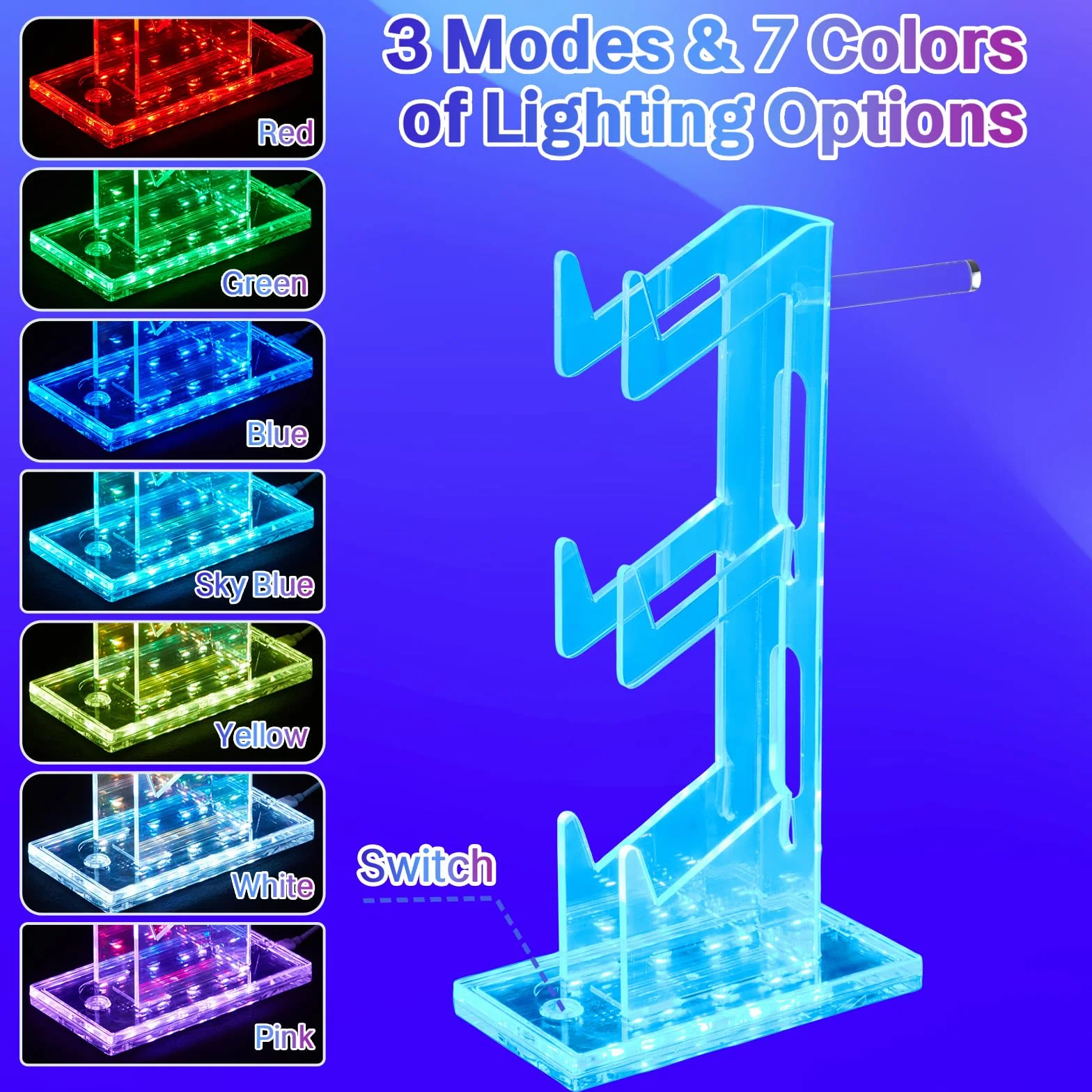 Uchwyt na kontroler do gier z jasnymi, kolorowymi akrylowymi słuchawkami, stojak z 3 trybami, 7 kolorów, port ładowania USB do PS4, PS5, PC, uniwersalna konstrukcja (3 poziomy ze światłami)